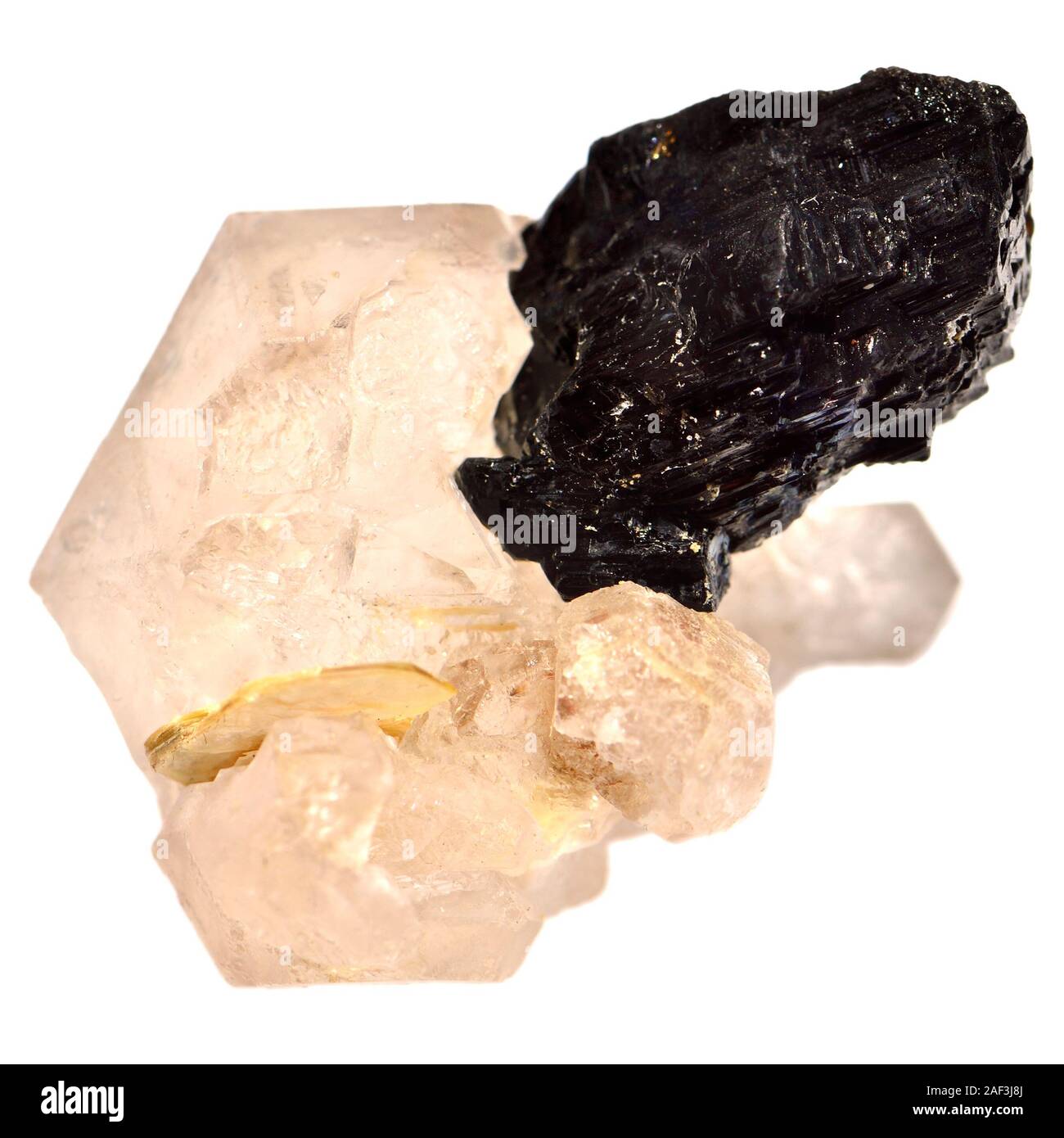 Wolframite / Hubnerite (manganese iron tungstate) on Jacare Quartz (Brazil) Stock Photo