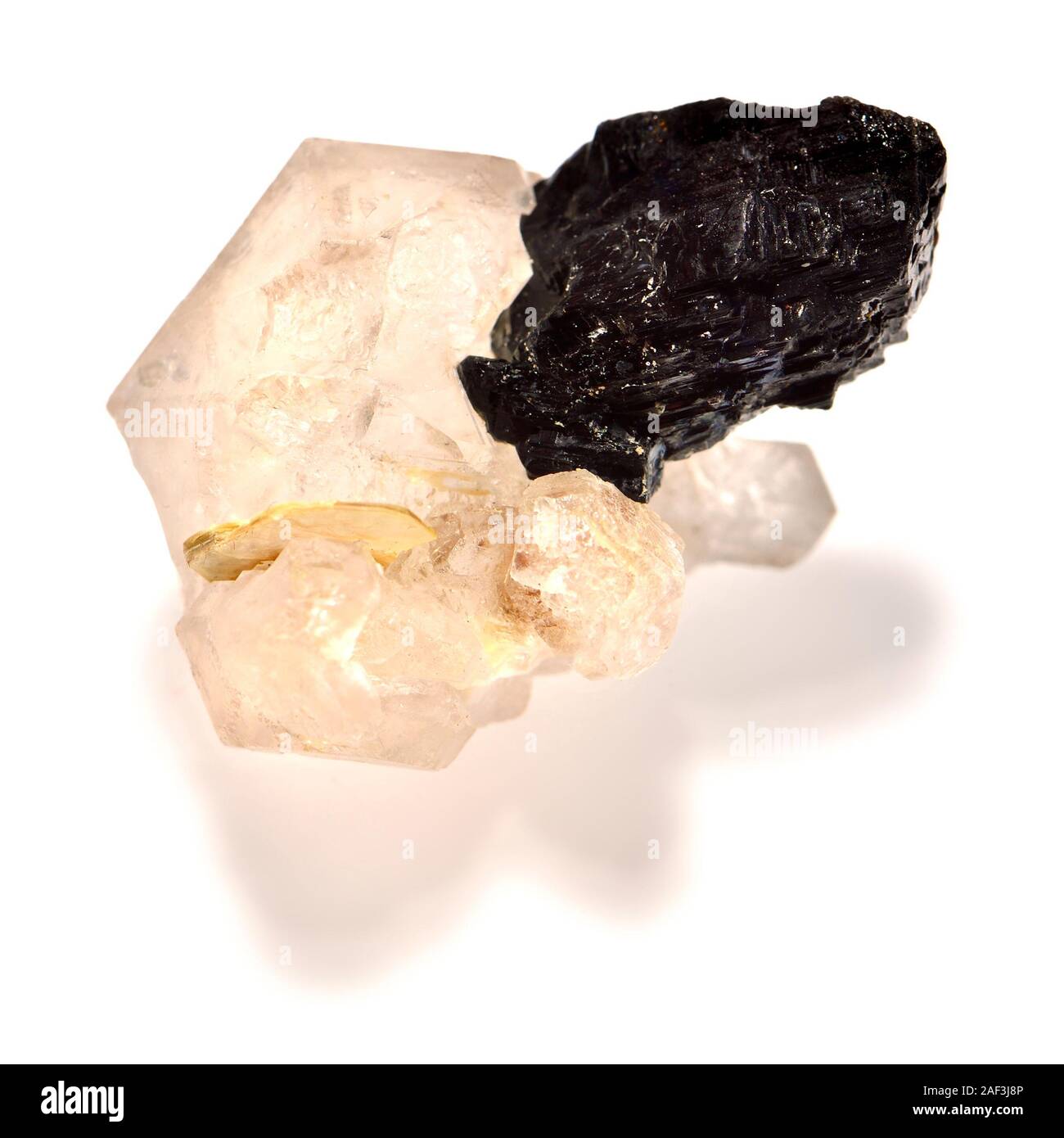 Wolframite / Hubnerite (manganese iron tungstate) on Jacare Quartz (Brazil) Stock Photo