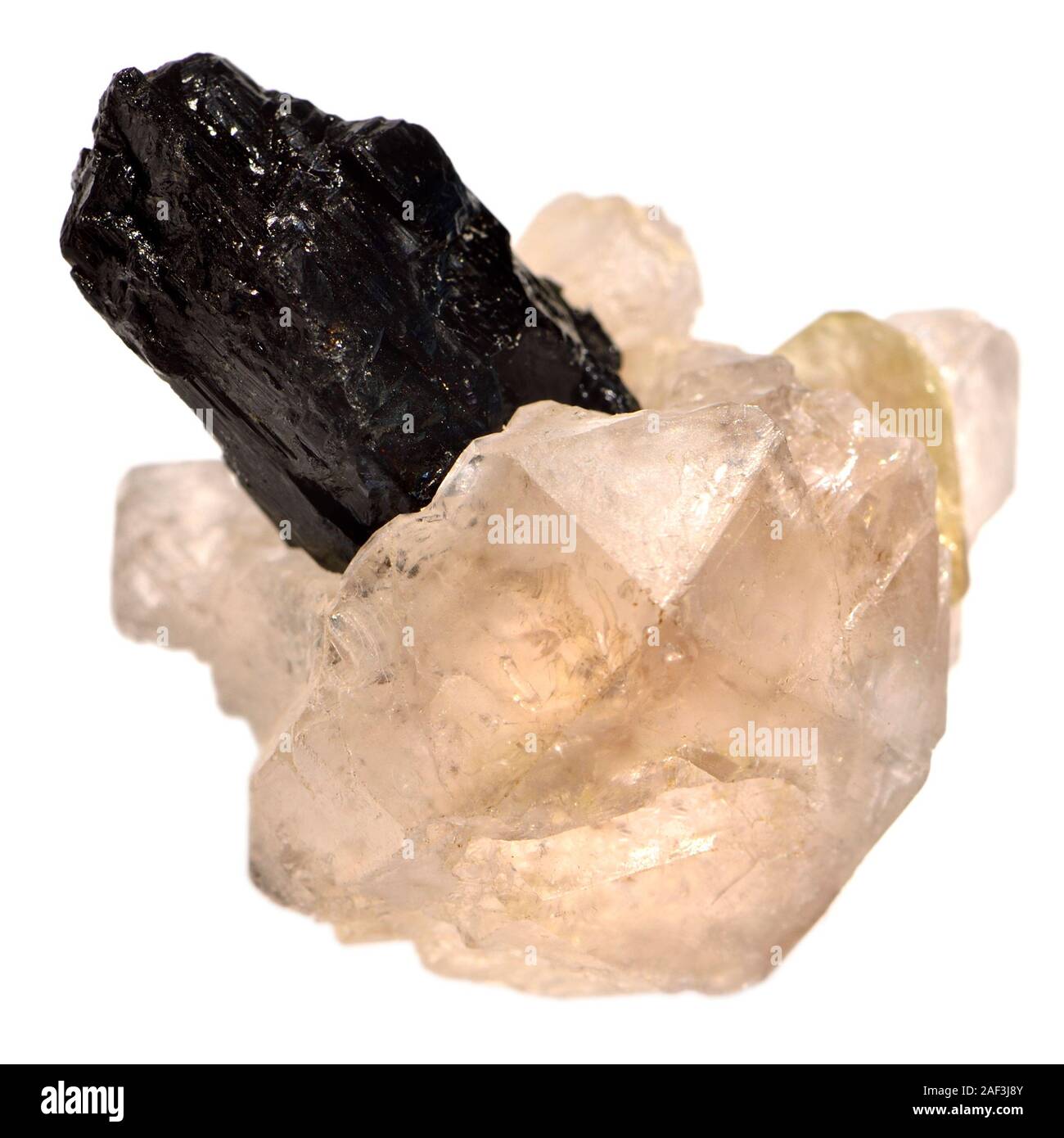 Wolframite / Hubnerite (manganese iron tungstate) on Jacare Quartz (Brazil) Stock Photo