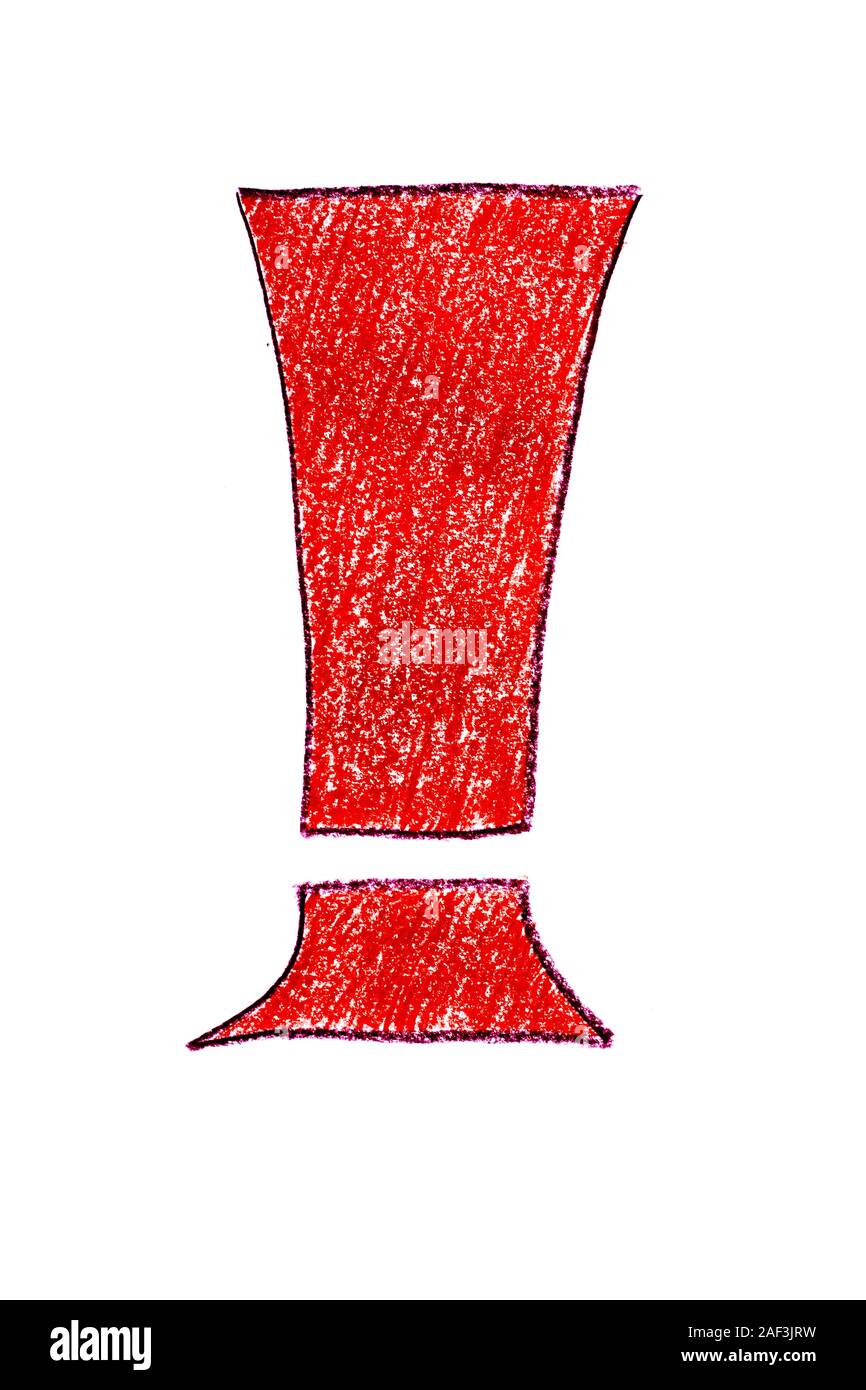 A child hand painted red exclamation mark on white background Stock Photo