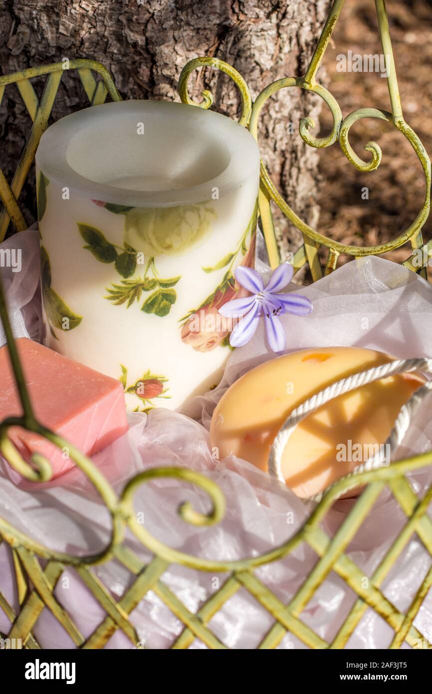Candle and soap for natural wellness and natural body care Stock Photo