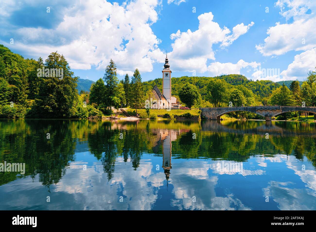 Scenery and Church St John Baptist Bohinj Lake at Slovenia Stock Photo ...