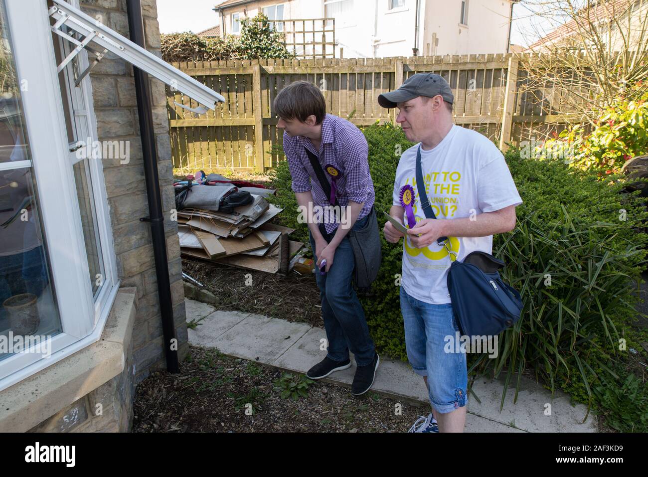 Jason Smith (with purple jacket) is UKIP representative canvassing with a team from UKIP, Queensbury neighbourhood, Bradford. Stock Photo