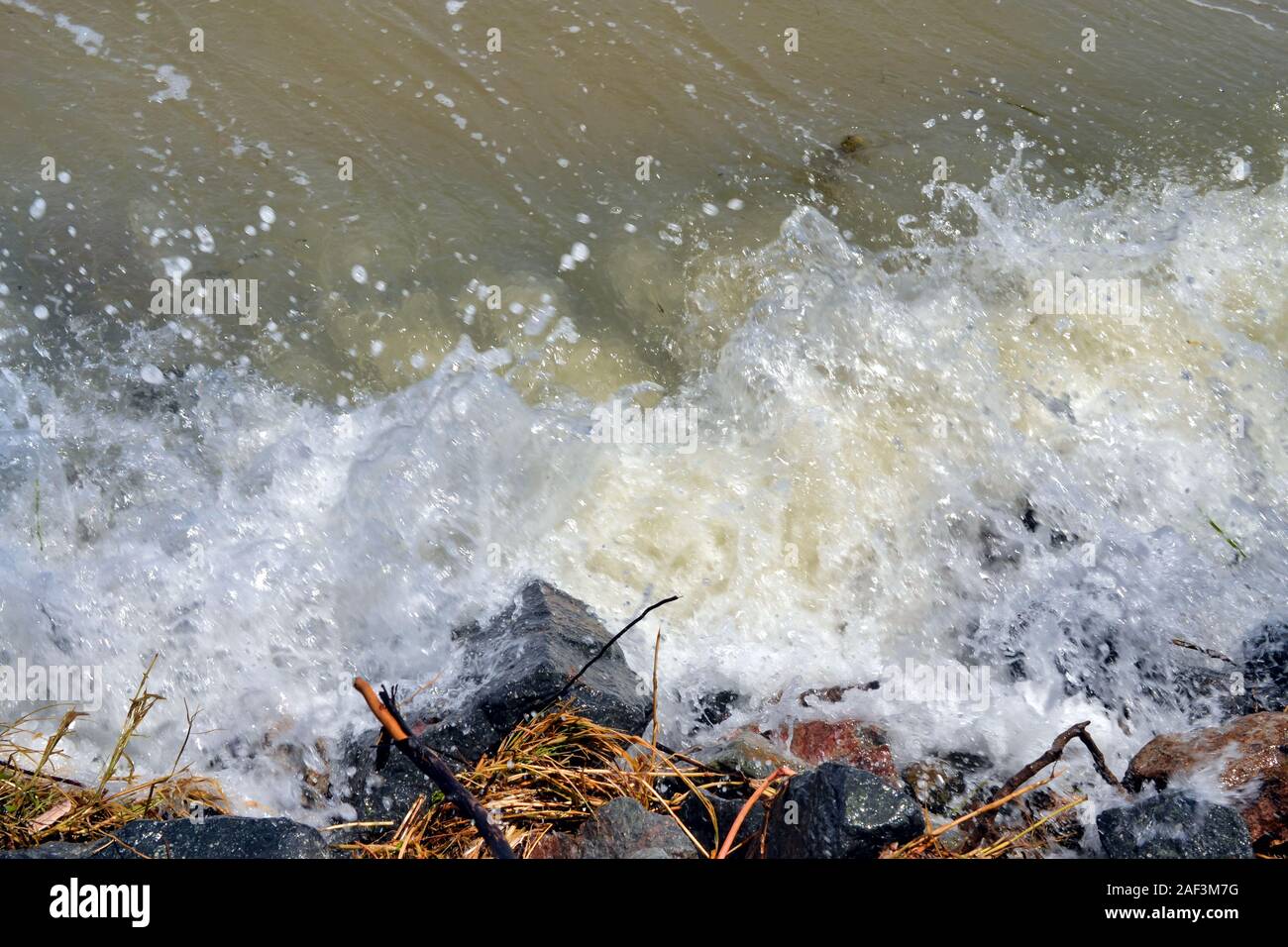 King Tide combined with High wind gusts batter the coast. January 2019 Bongaree, Queensland, Australia Stock Photo