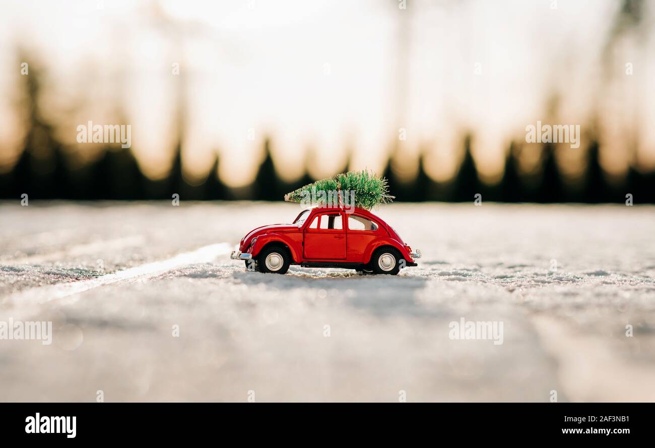 mini beetle car with Christmas tree on top parked in the snow Stock Photo