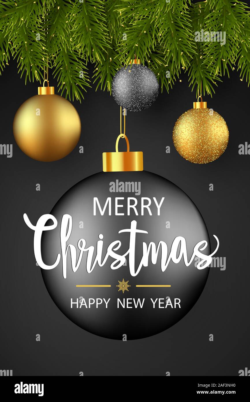 Christmas greeting card with pine branches and glitter balls on black ...