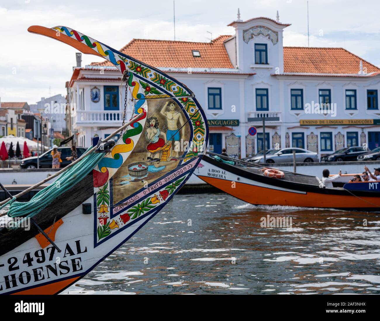 Aveiro, Portugal - 19 August 2019: Risque paintings on the rudder of the tourist boats on Aveiro canals Stock Photo