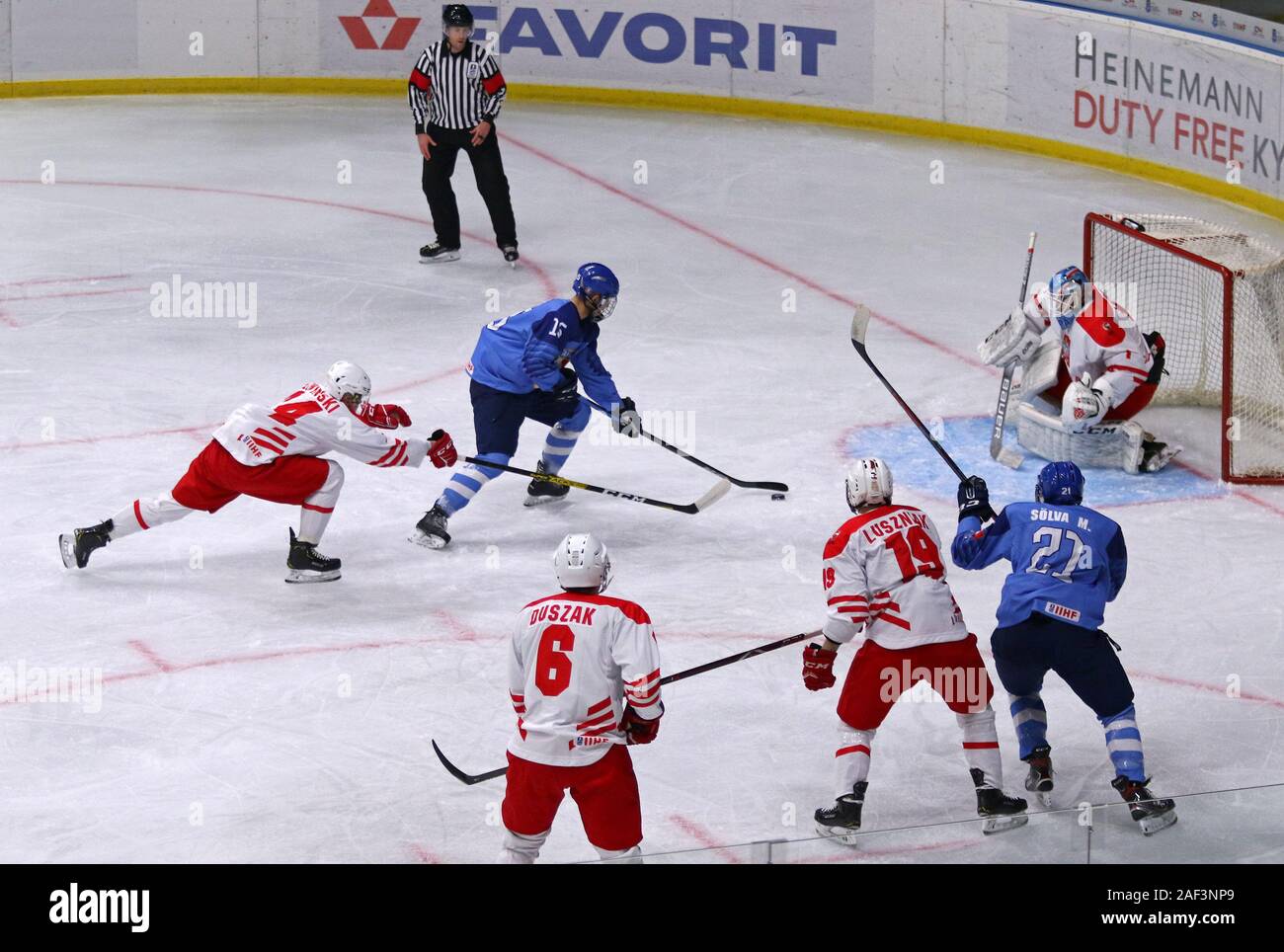 KYIV, UKRAINE - December 12, 2019: IIHF 2020 Ice Hockey U20 World  Championship Div 1 Group B game Poland (Red-white jersey) v Italy (Blue  jersey) at P Stock Photo - Alamy
