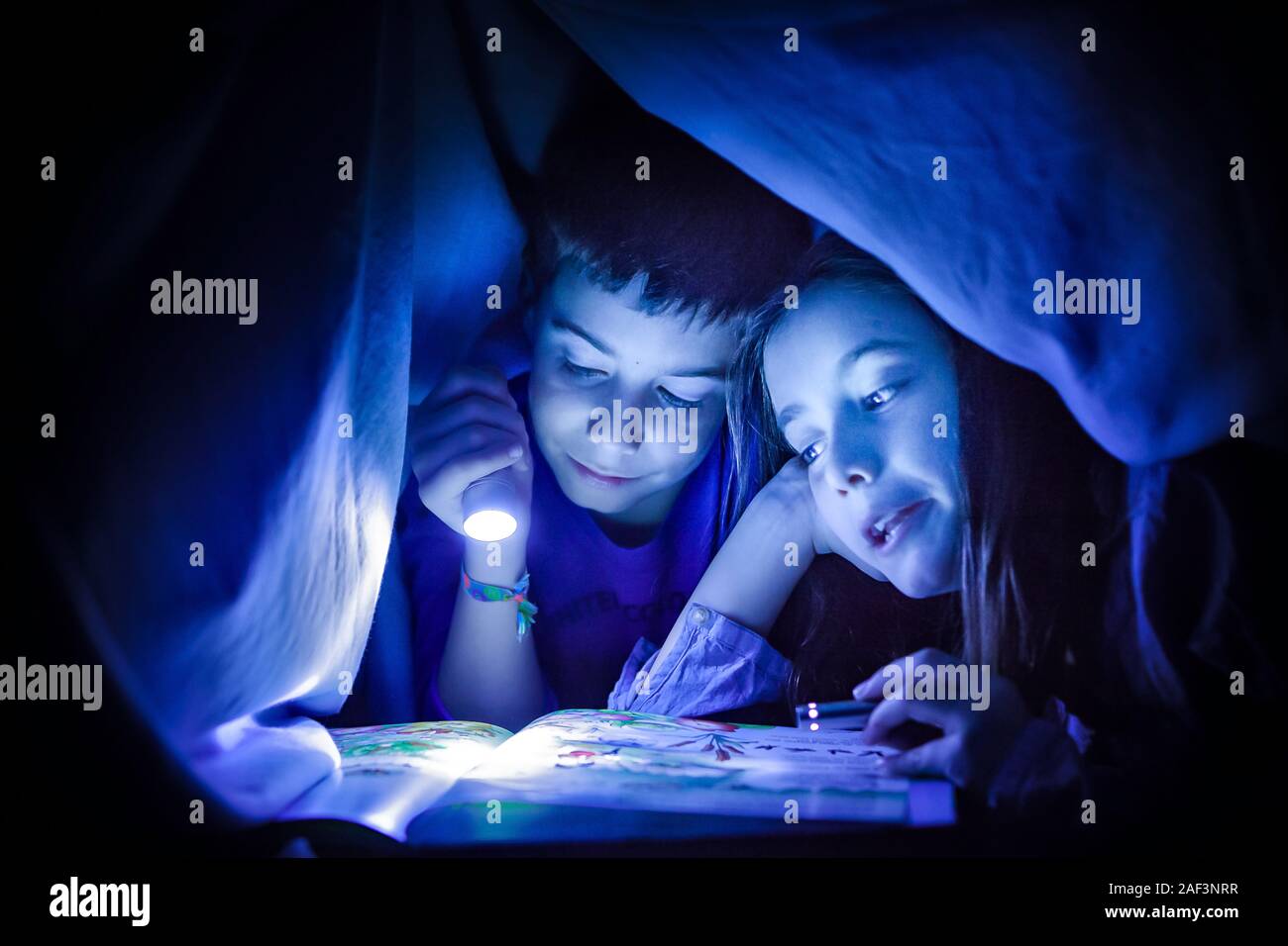 children reading a story with flashlights under a blanket Stock Photo