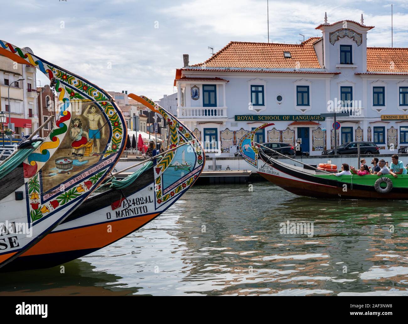 Aveiro, Portugal - 19 August 2019: Risque paintings on the rudder of the tourist boats on Aveiro canals Stock Photo