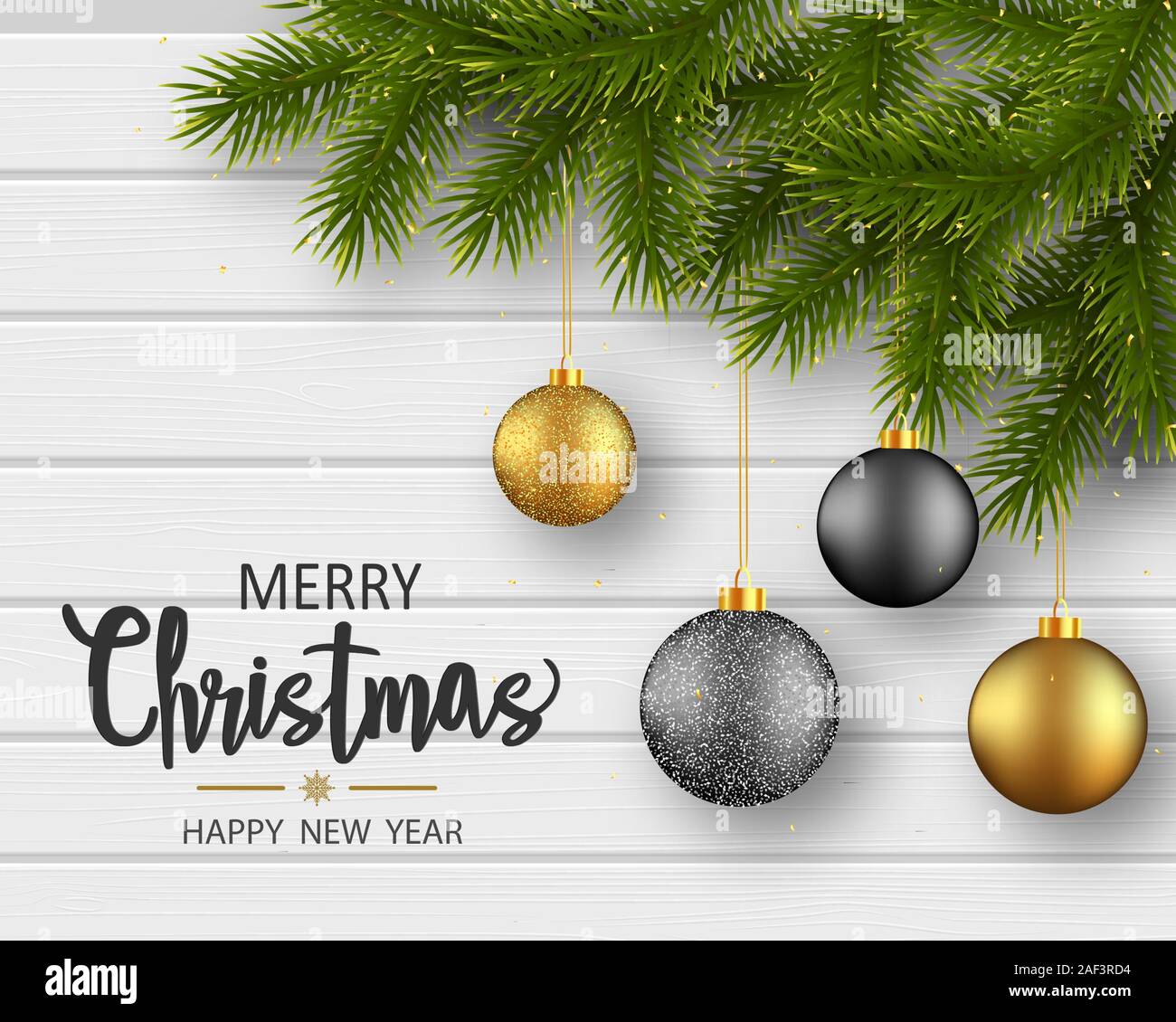 Christmas greeting card with pine branches and glitter balls on white ...