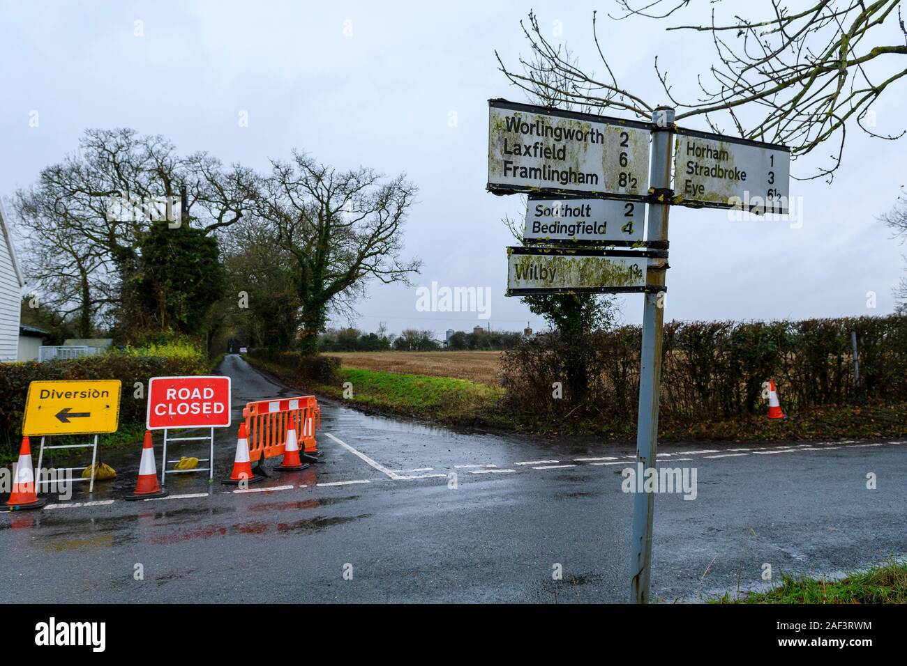 Athelington, England. 12 December, 2019.   The Mid Suffolk farm in Athelington which has been confirmed as having a Avian Influenza (Bird Flu) outbreak    The low pathogenic avian flu of the H5 strain was originally confirmed at the commercial chicken farm, on Tuesday 10th December.  All the birds will now be humanely culled and a 1km restriction zone has been put in place around the infected farm to limit the risk of the disease spreading.   Credit: Mark Bullimore/Mark Bullimore/Alamy Live News Stock Photo