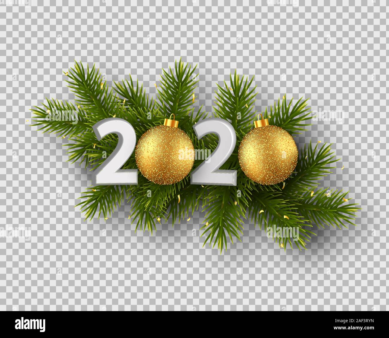 2020 New Year sign with realistic pine branches and glitter balls ...