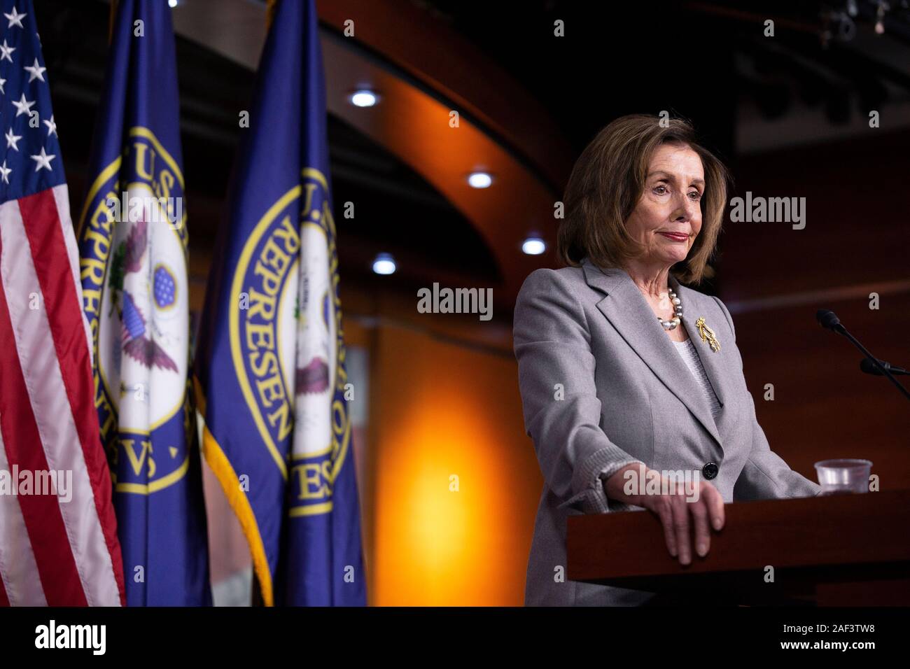 Washington, DC, USA. 12th Dec, 2019. Speaker of the United States House of Representatives Nancy Pelosi (Democrat of California) speaks at her weekly press conference on Capitol Hill in Washington, DC, U.S., on Thursday, December 12, 2019. | usage worldwide Credit: dpa/Alamy Live News Stock Photo