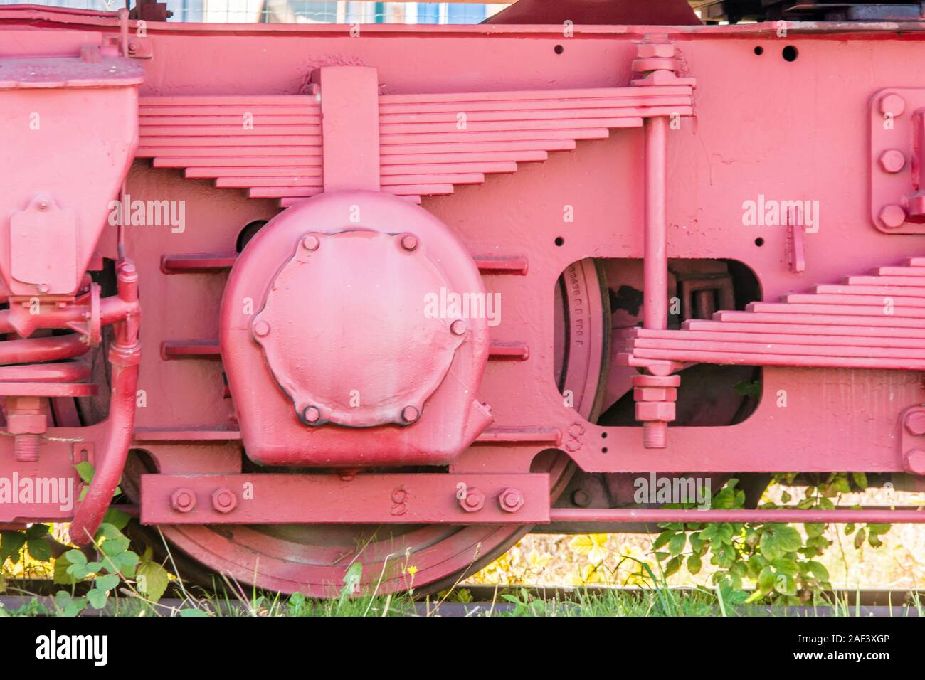 Wheel of a railway wagon with suspension Stock Photo