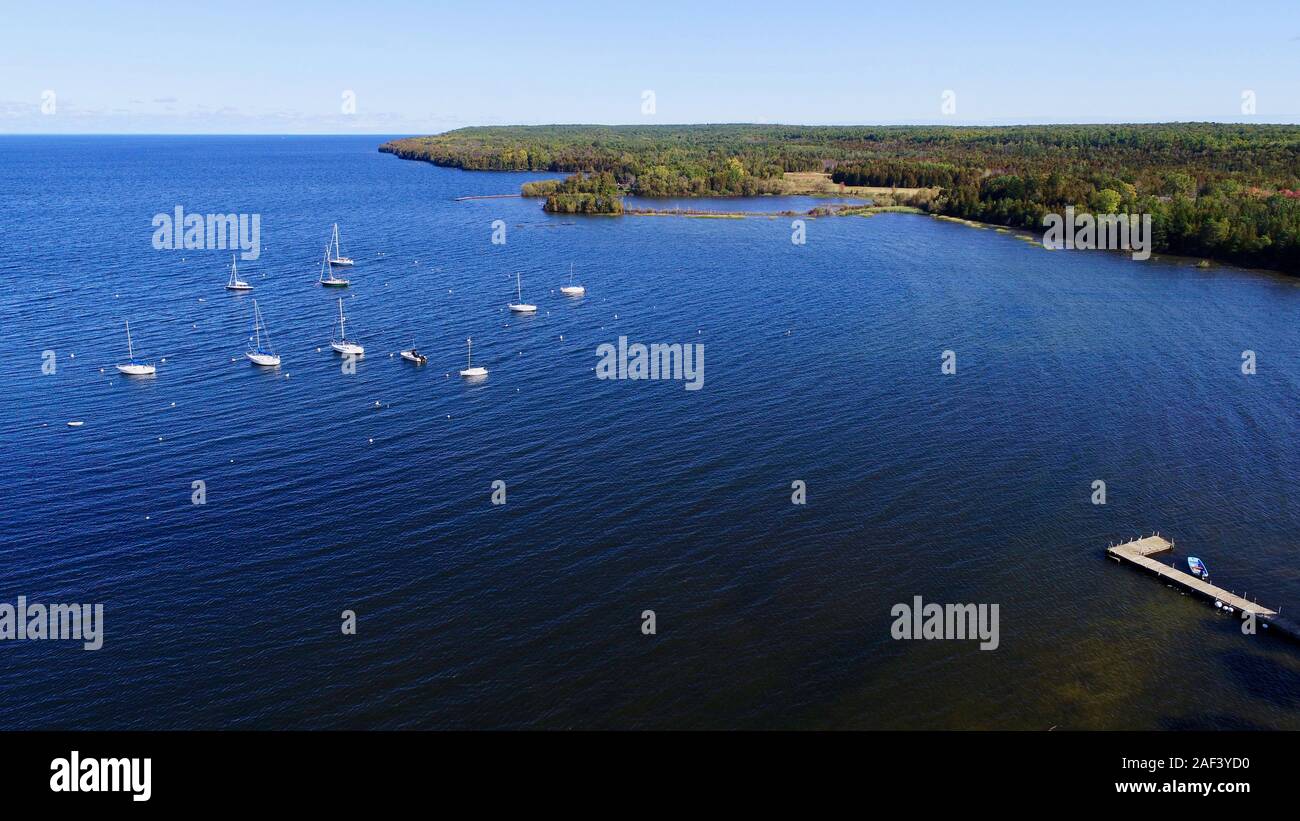 Aerial View Of Green Bay And Moored Sailboats Plus The