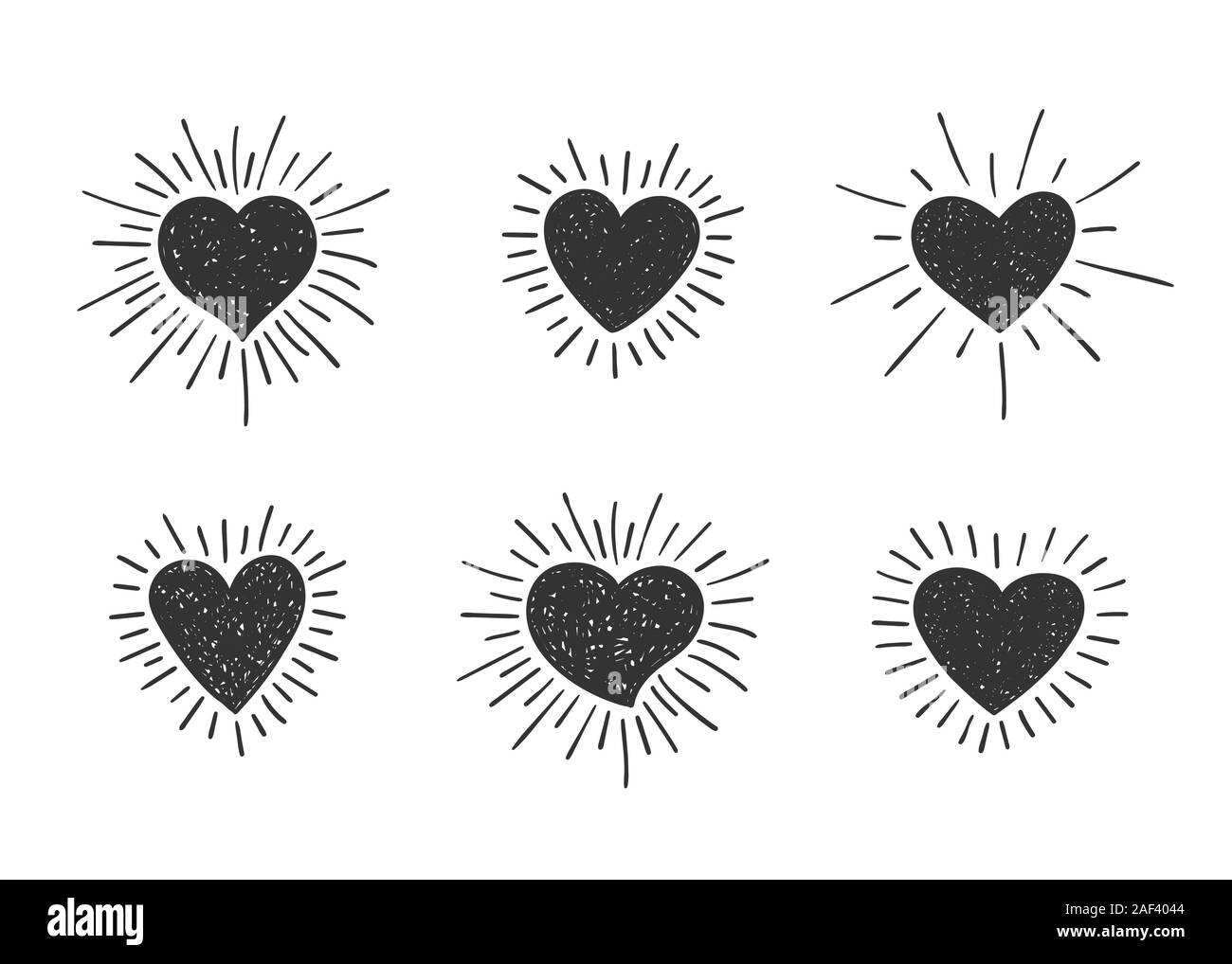 Set of doodle textured heart shapes with retro styled sun rays. Collection of different hand drawn romantic hearts for sticker, label, love logo and Stock Vector