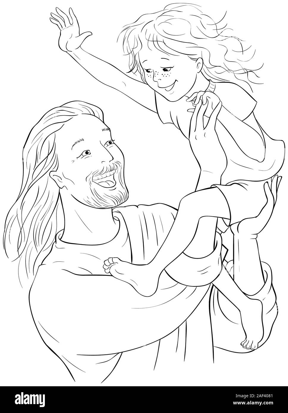 Laughing Jesus holds happy child in his arms cartoon christian coloring page Stock Photo
