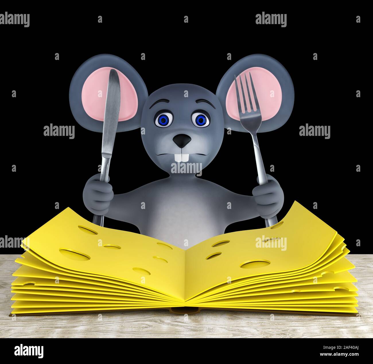 Cute mouse and slices of cheese folded like a book on a white wooden table isolated on black. 3d render Stock Photo