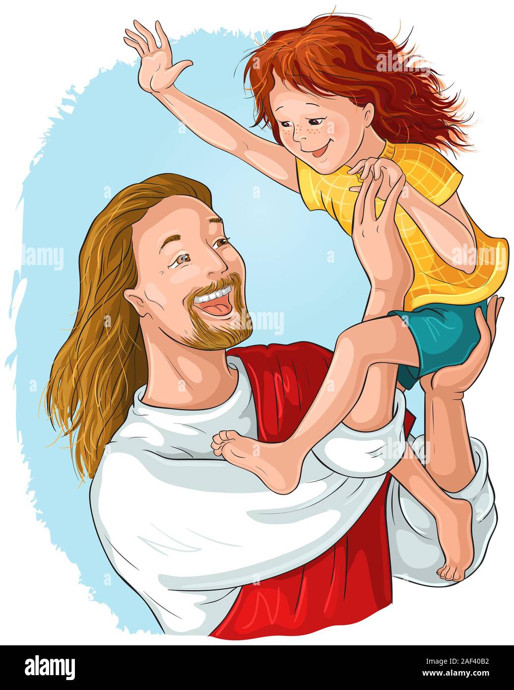 Laughing Jesus holds happy child in his arms cartoon christian illustration Stock Photo