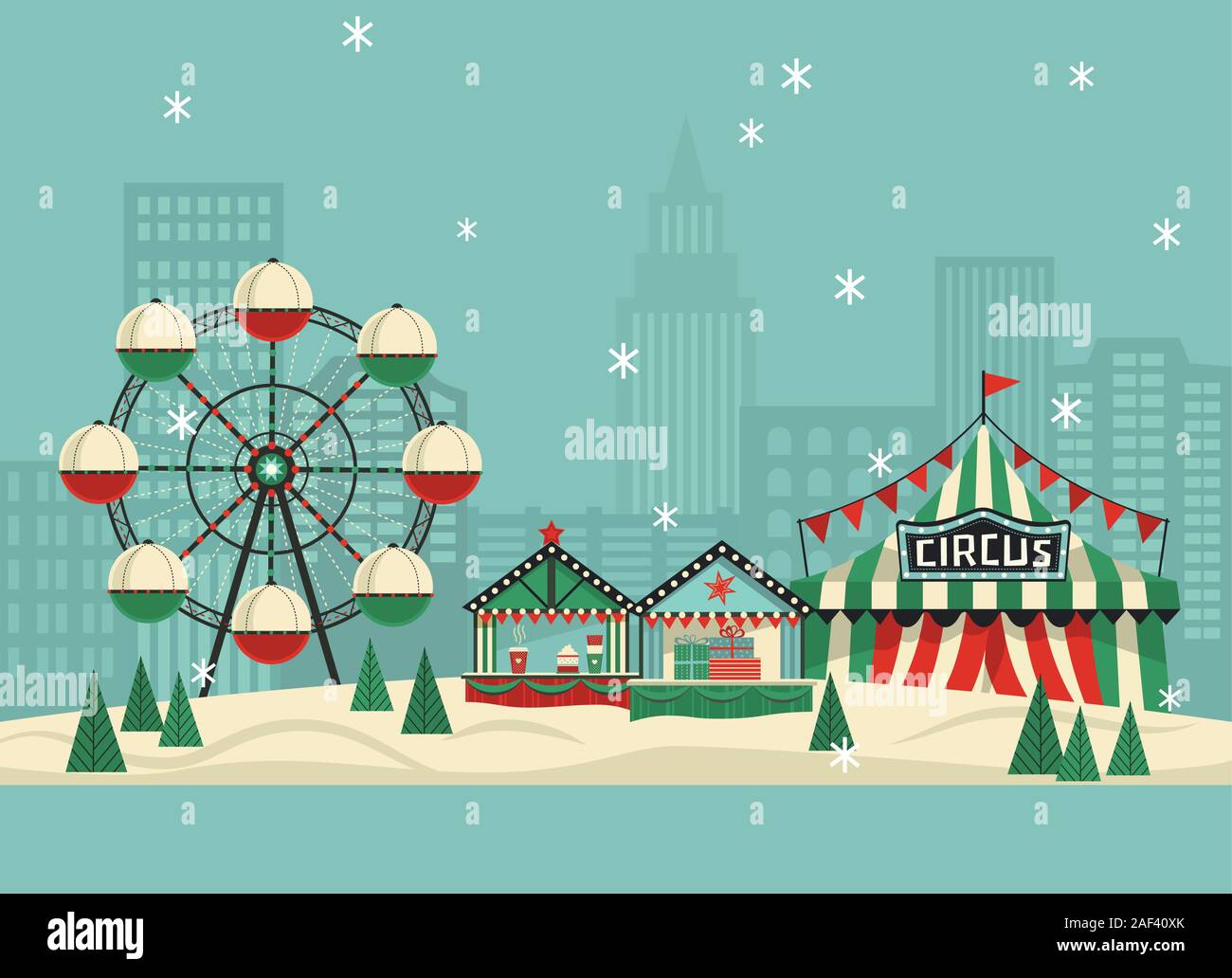 Winter amusement park flat vector poster Stock Vector