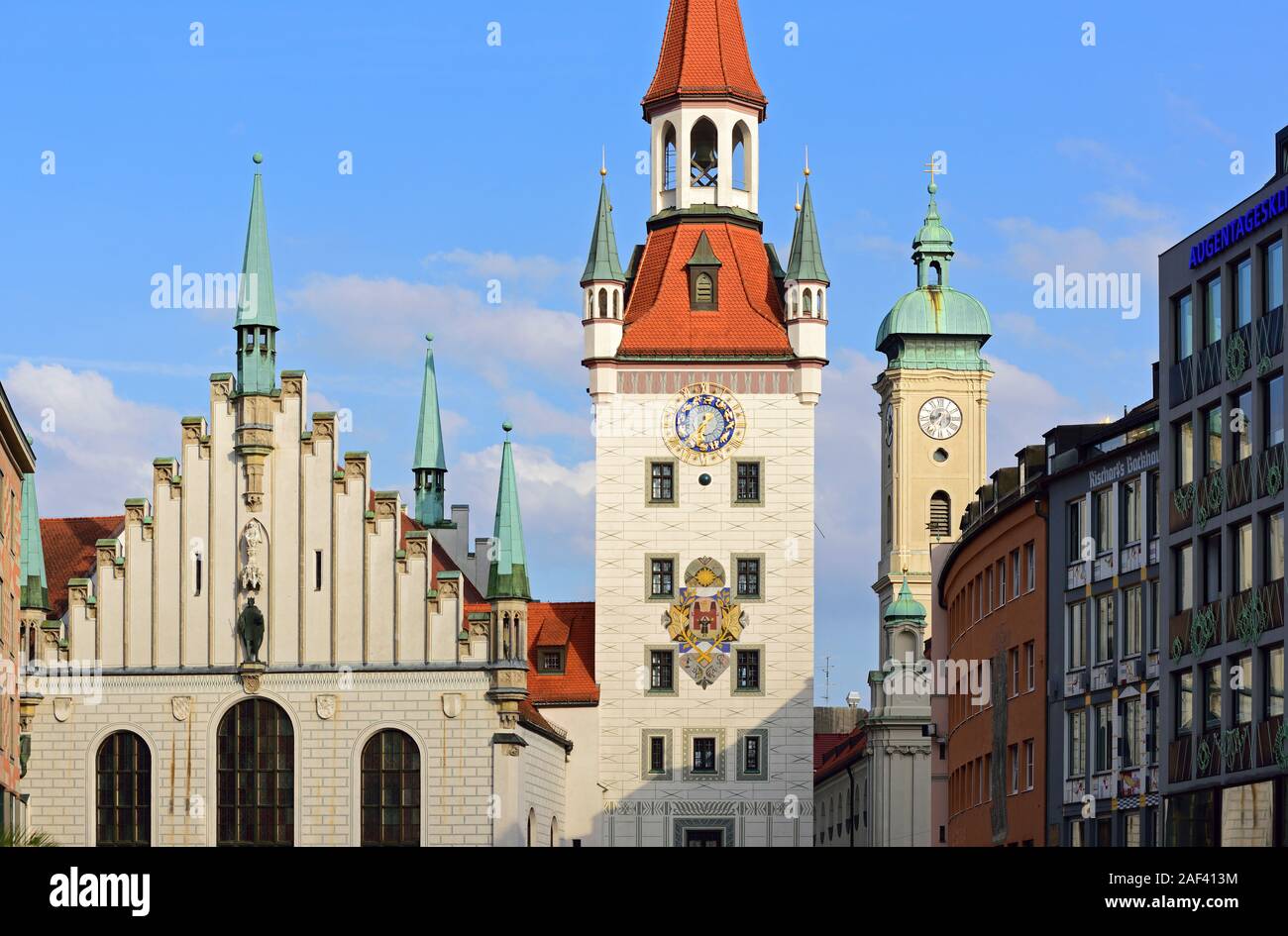 Europa, Deutschland, Bayern, Landeshauptstadt München, City, Marienplatz, Altes Rathaus, Rathausturm, Stock Photo