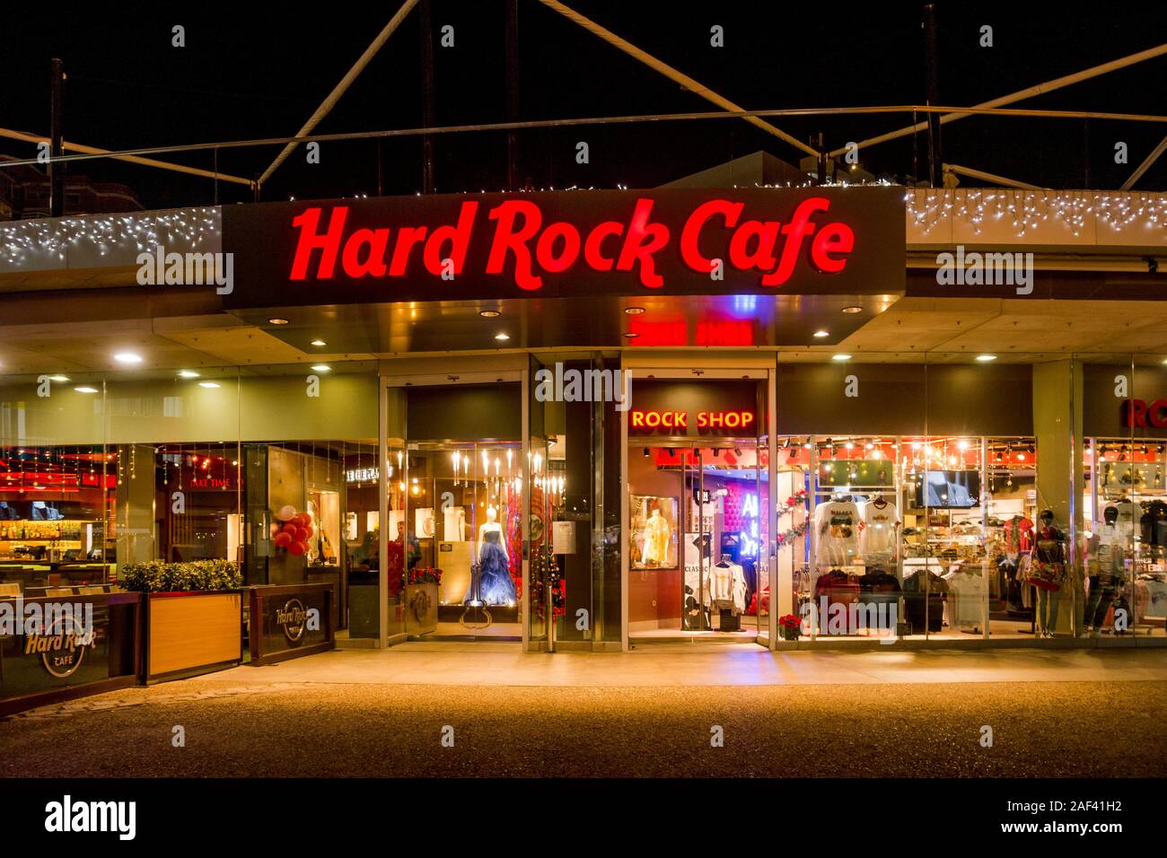 Hard rock cafe Malaga at night, Muelle Uno, Port of Malaga, Andalusia, Malaga Spain. Stock Photo