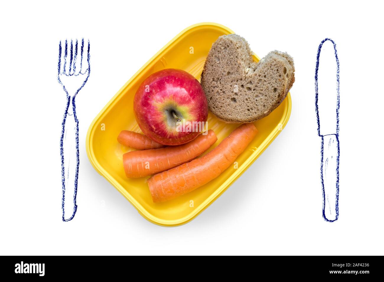 Lovingly prepared lunchbox with break bread, apple and carrots on white background with painted cutlery Stock Photo