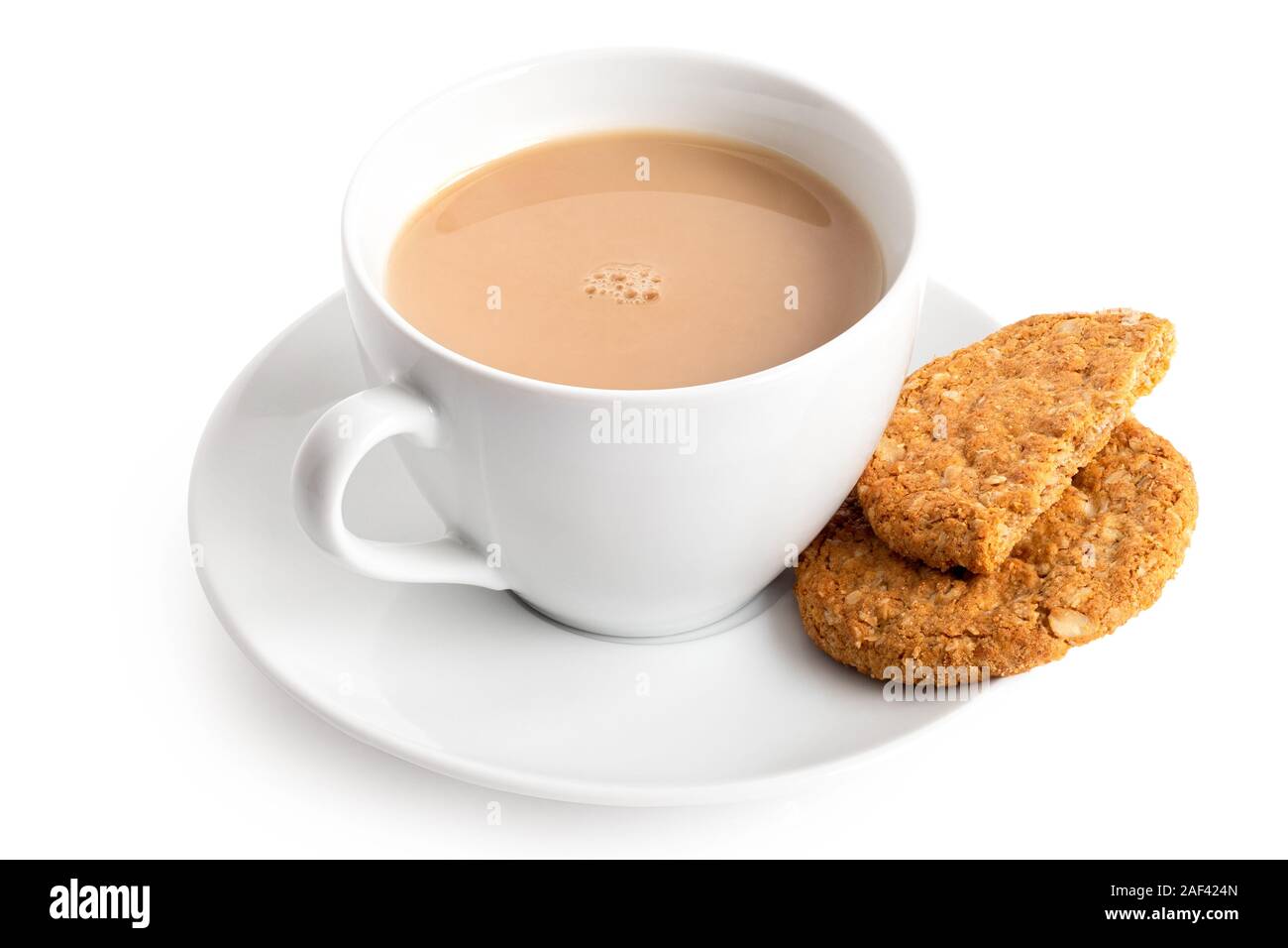 Cup Of Tea With Milk And One And Half Crunchy Oat And Wholemeal Biscuits Isolated On White White Porcelain Stock Photo Alamy Cup Of Tea With Milk And One And Half Crunchy Oat And Wholemeal Biscuits Isolated On White White Porcelain Stock Photo Alamy