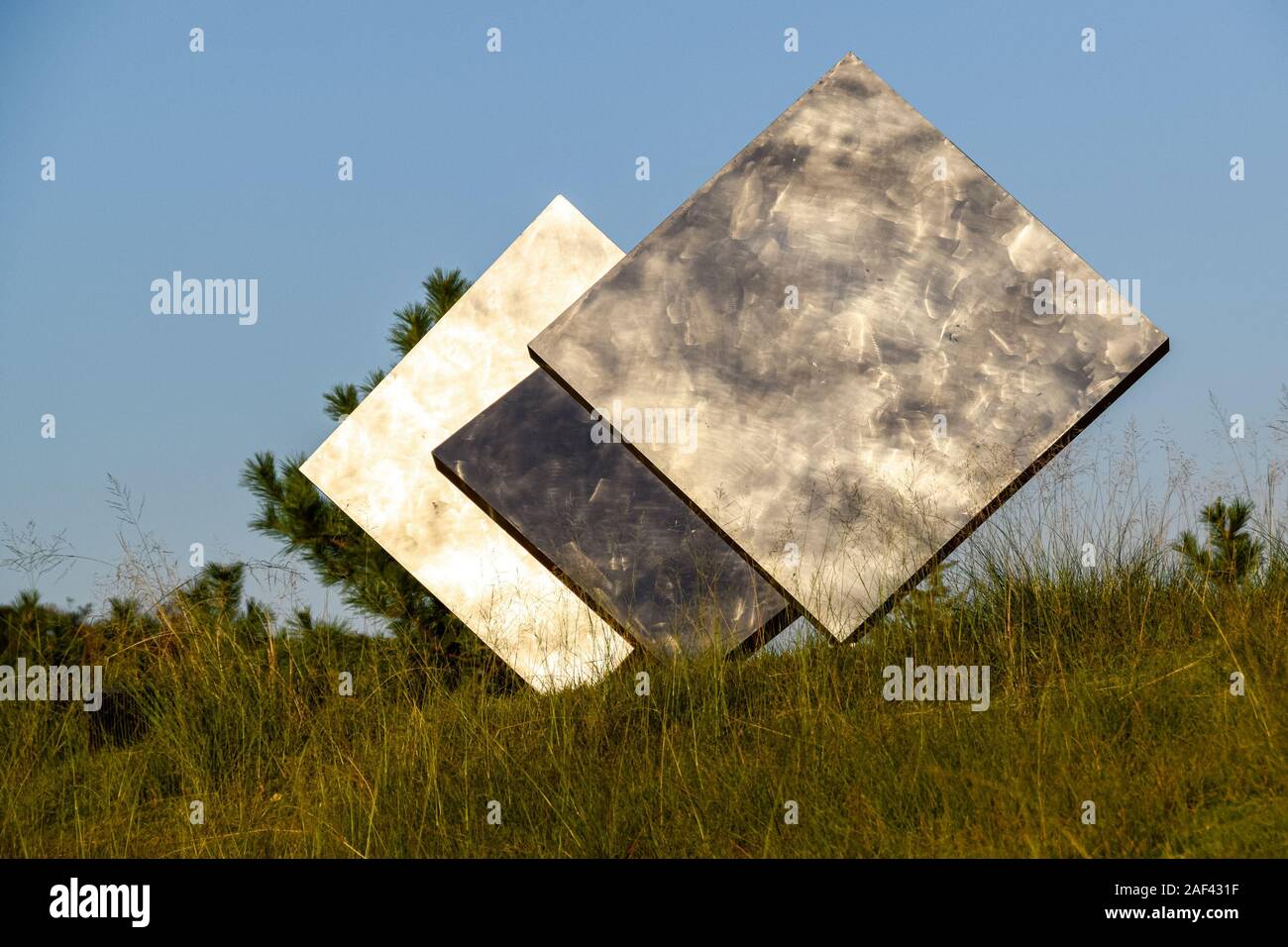 'Three Squares Vertical Diagonal' one of Naoshima's art installations, by George Rickey. Stock Photo