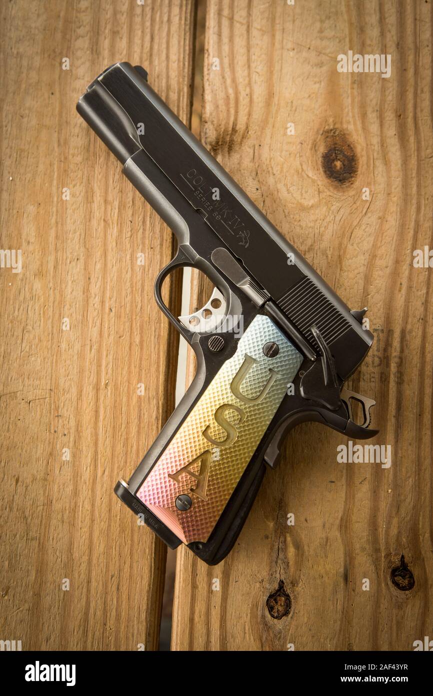 Colt 1911 .45 pistol at southeast gun range. Stock Photo