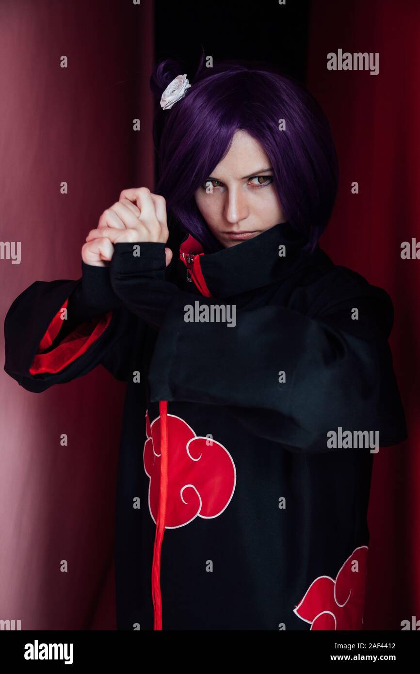 Woman Anime With Purple Hair In Black Dress Japan Stock Photo