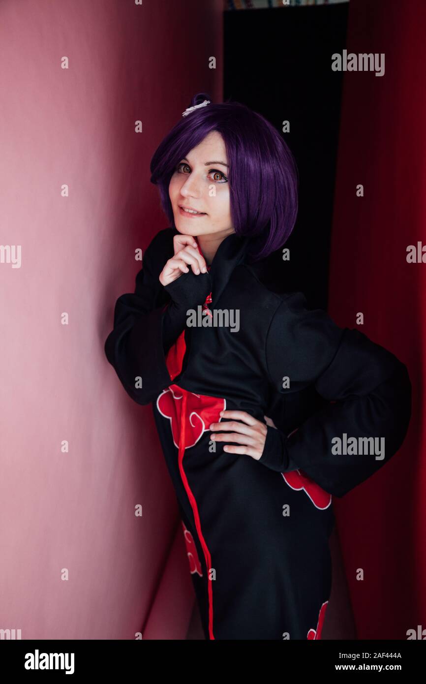 Woman Anime With Purple Hair In Black Dress Japan Stock Photo