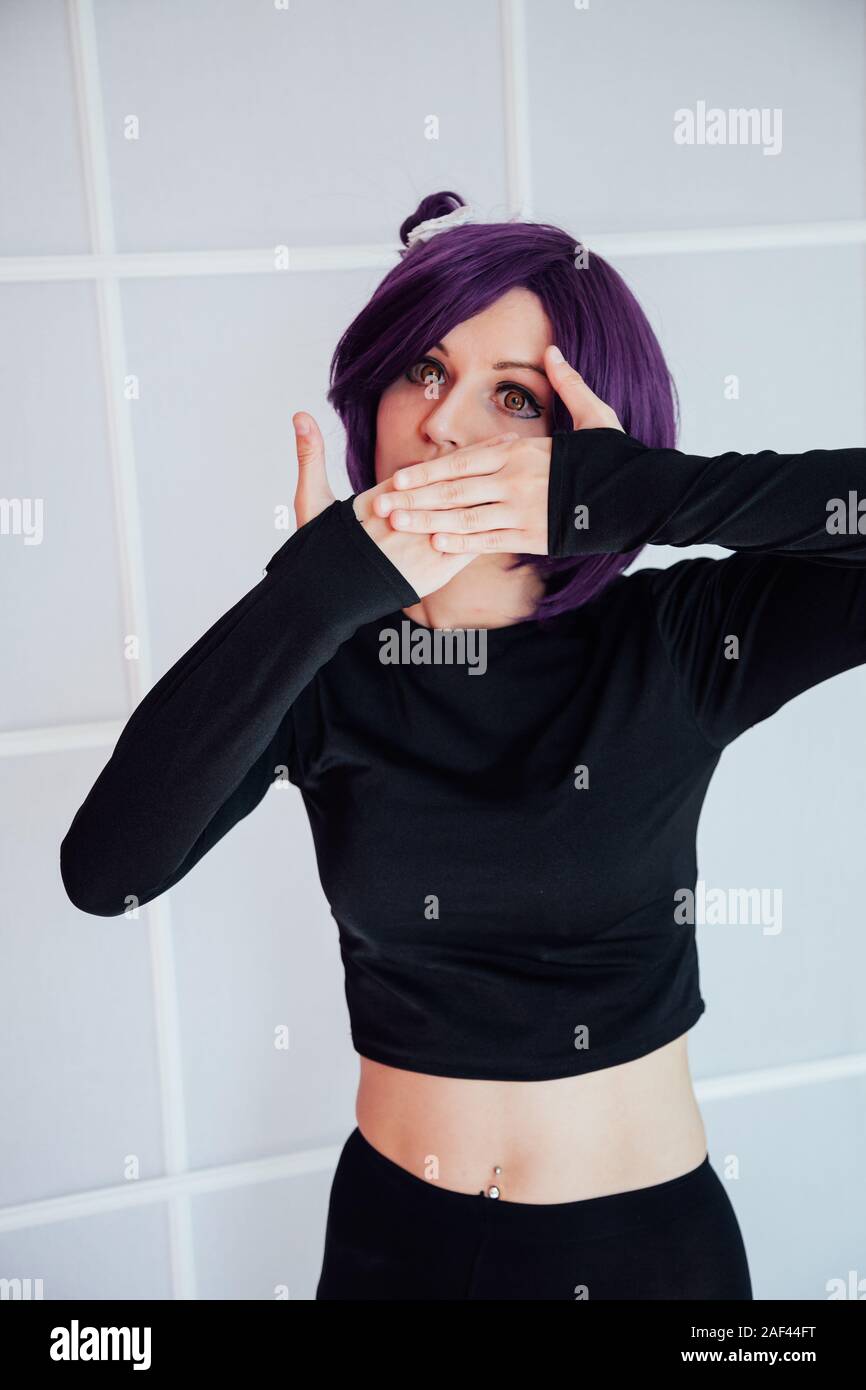 Woman Anime With Purple Hair In Black Dress Japan Stock Photo
