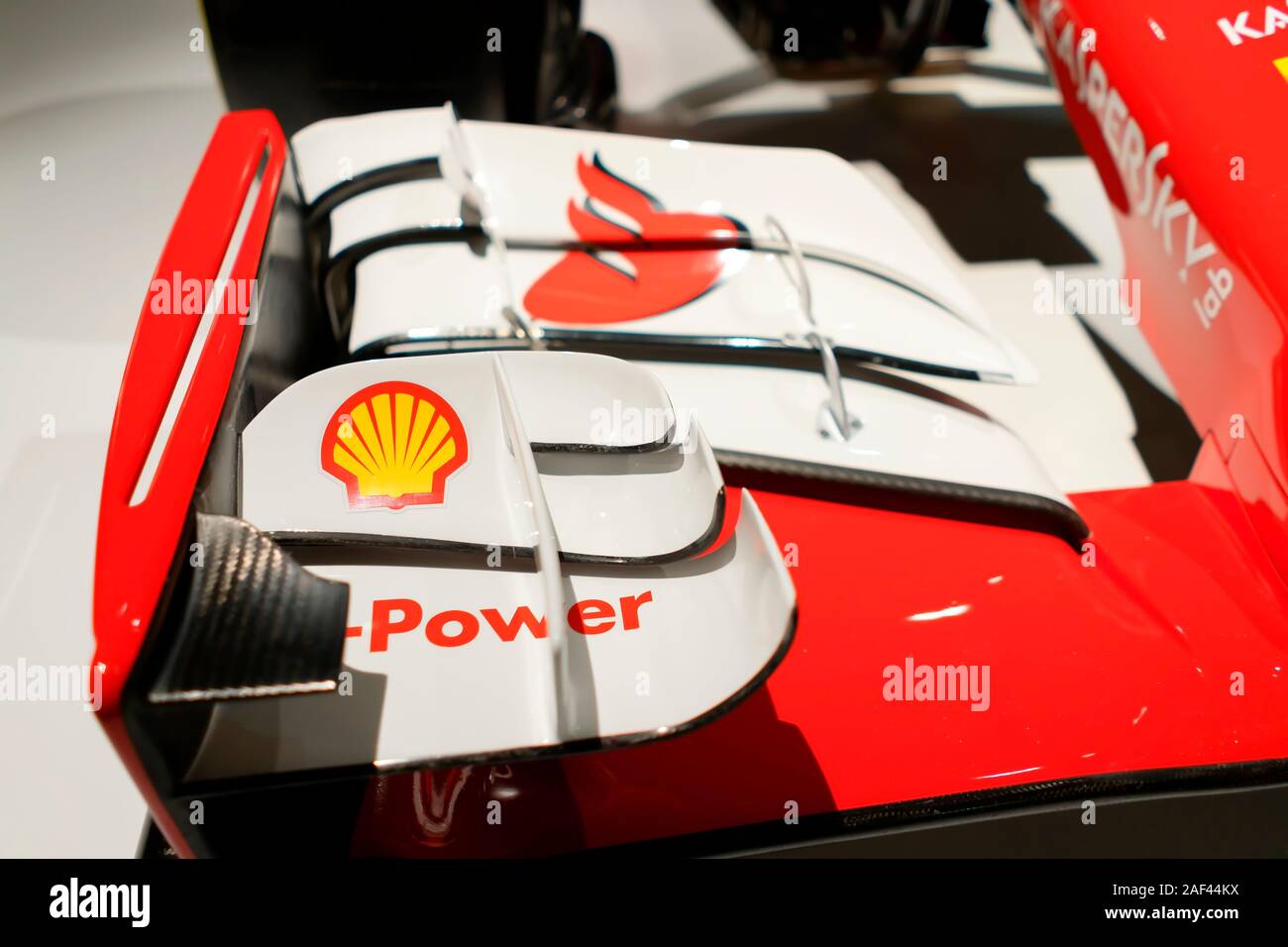 Detail of the front wing of a Formula 1 Ferrari. Image taken on December 5, 2019 at the Fernando Alonso Museum, in Asturias. Spain. Stock Photo