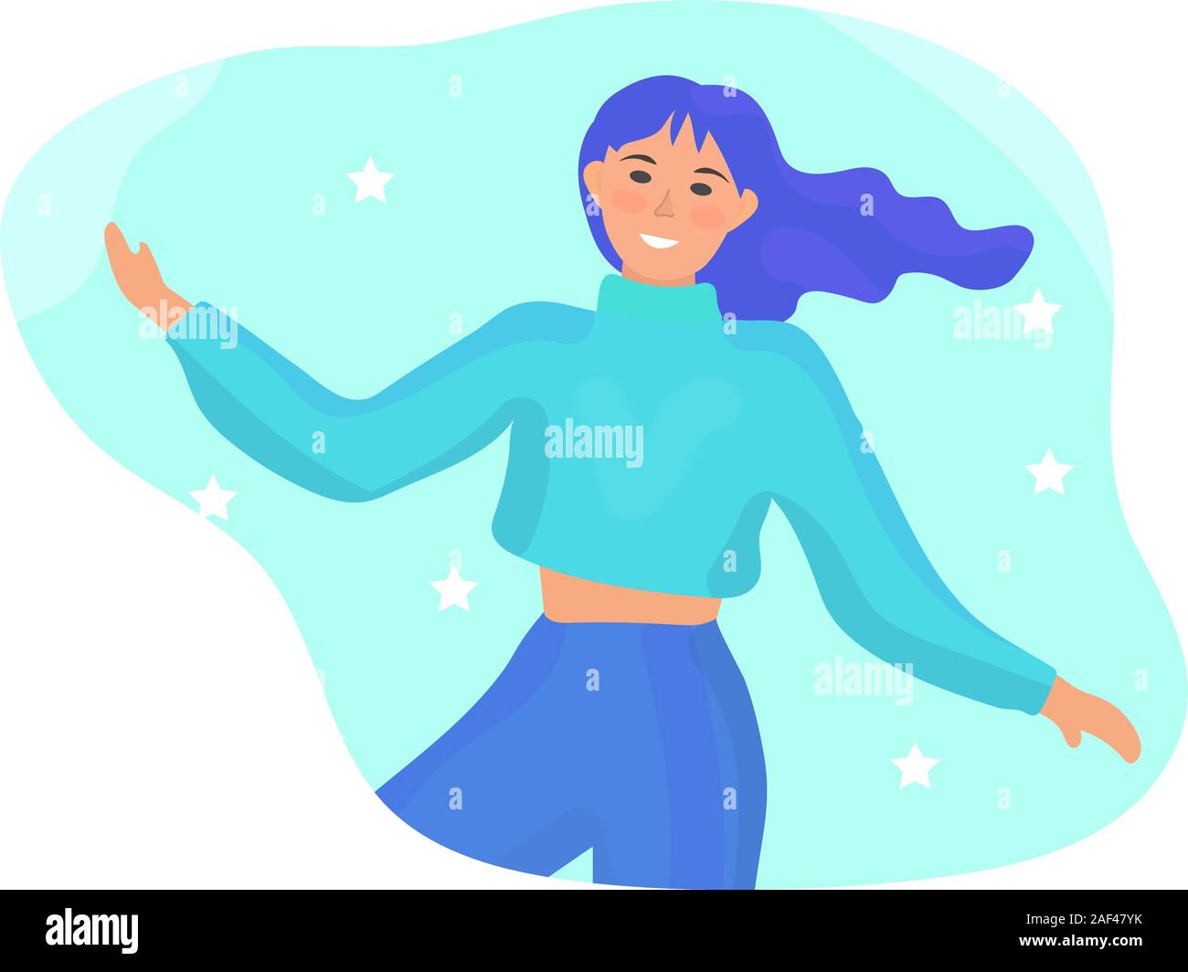 Happy woman is spinning in dance. Fun colorful modern girl with colored hair enjoys success. Flat cartoon style. Vector illustration Stock Vector