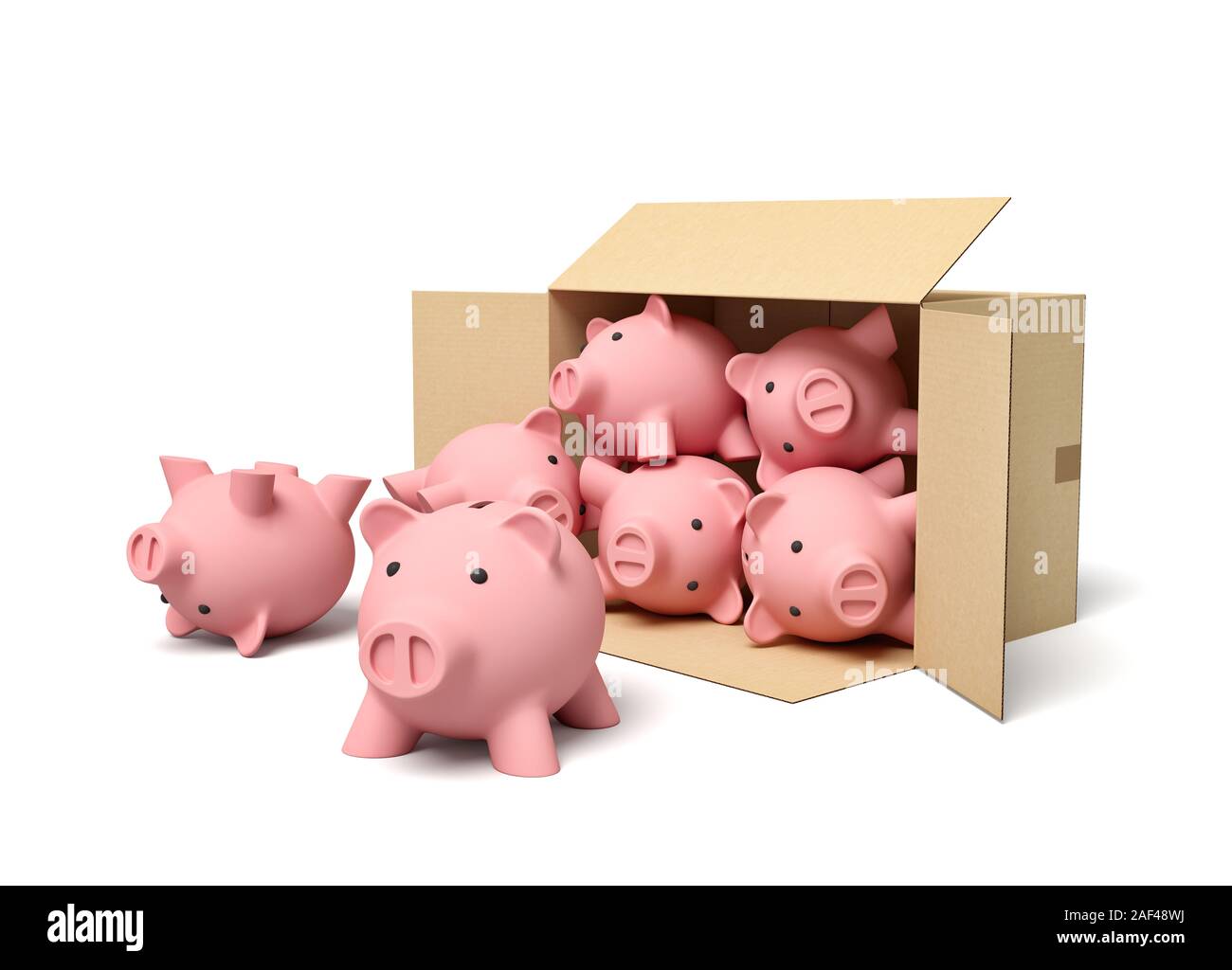 3d rendering of pink ceramic piggy banks in carton box. Growth of profits. Saving money. Bulk buying. Stock Photo