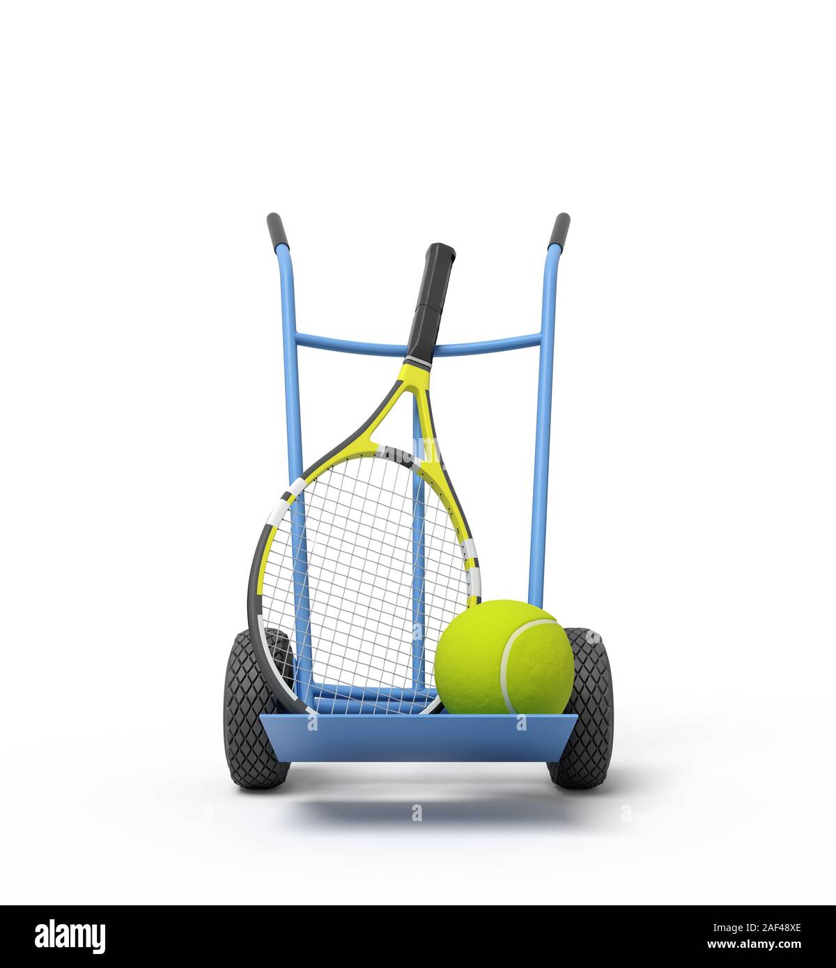 3d rendering of navy blue hand truck standing upright in half-turn with tennis ball and racket on it. Sporting equipment. Keep fit. Tennis match. Stock Photo