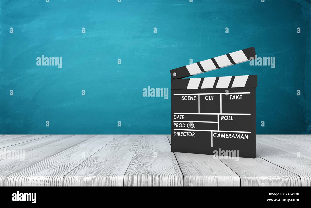 3d rendering of clapperboard standing on wooden surface near blue wall with some copy space. Film-making. Cinematographic art. Movie industry. Stock Photo