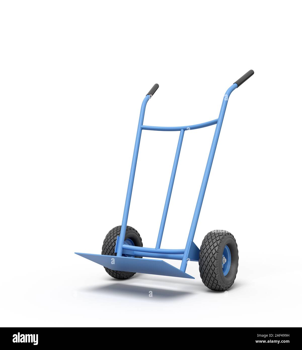 3d rendering of blue empty hand truck standing upright in half-turn. Gardening equipment. Material handling. Moving supplies. Stock Photo