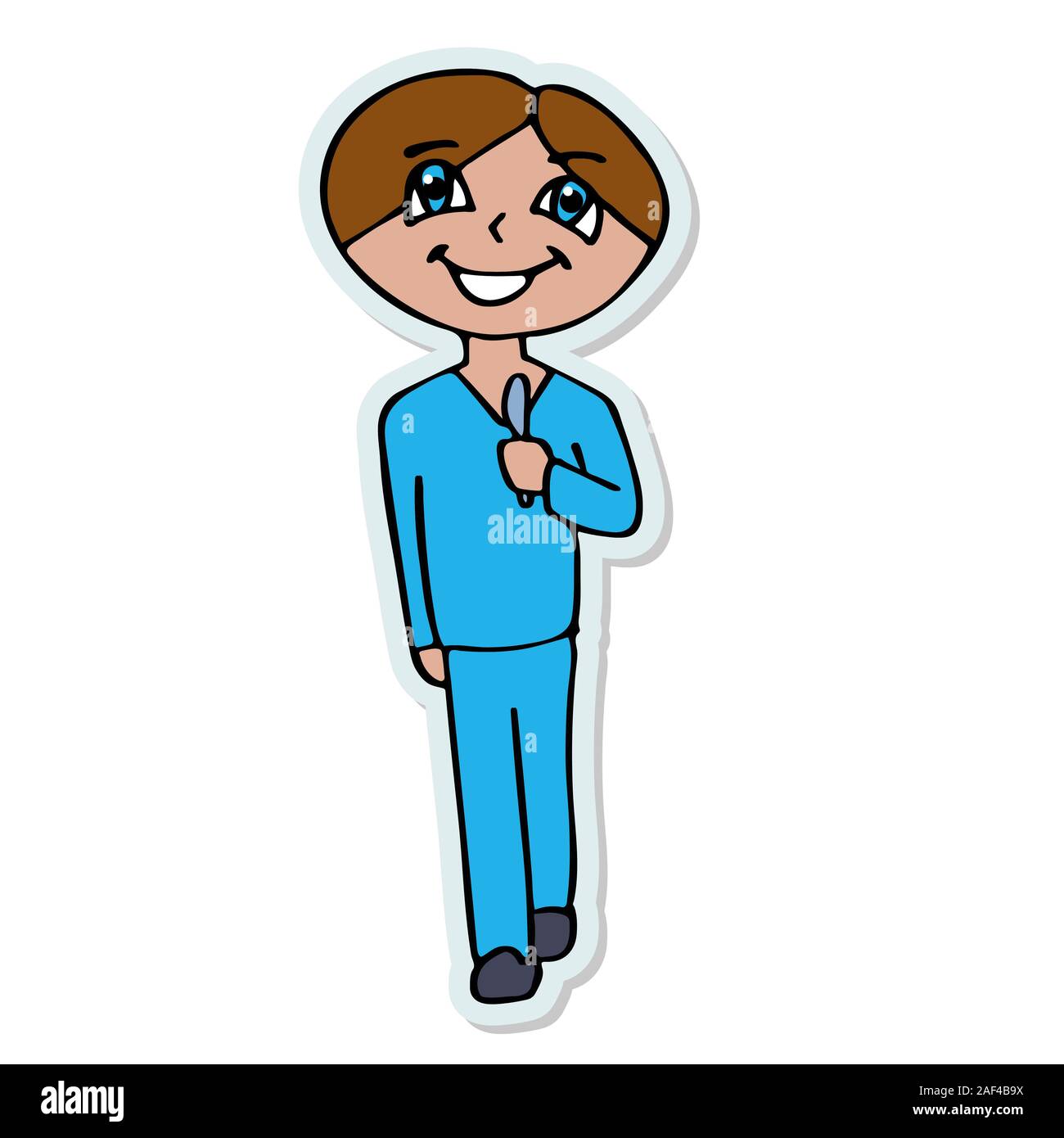 a surgeon smiling with a scalpel goes for an operation. isolated cartoon sticker stock vector illustration Stock Vector