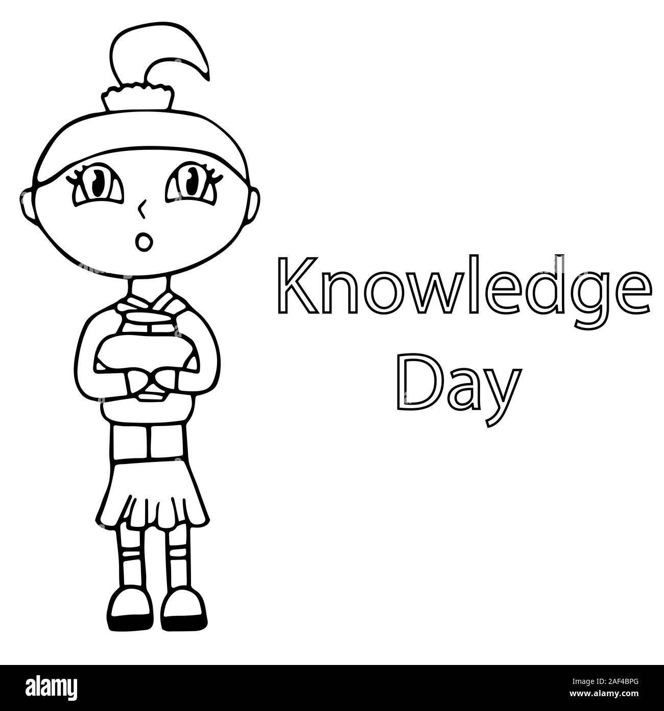 white little surprised schoolgirl in a school uniform with a ponytail with a thirst for knowledge holds a briefcase. event poster. isolated outline st Stock Vector