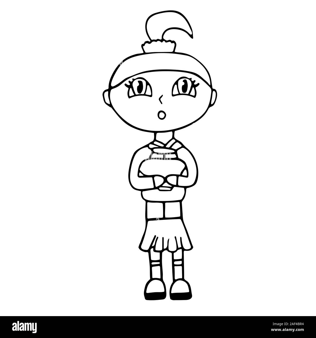 white little surprised schoolgirl in a school uniform with a ponytail with a thirst for knowledge holds a briefcase. isolated outline stock vector ill Stock Vector