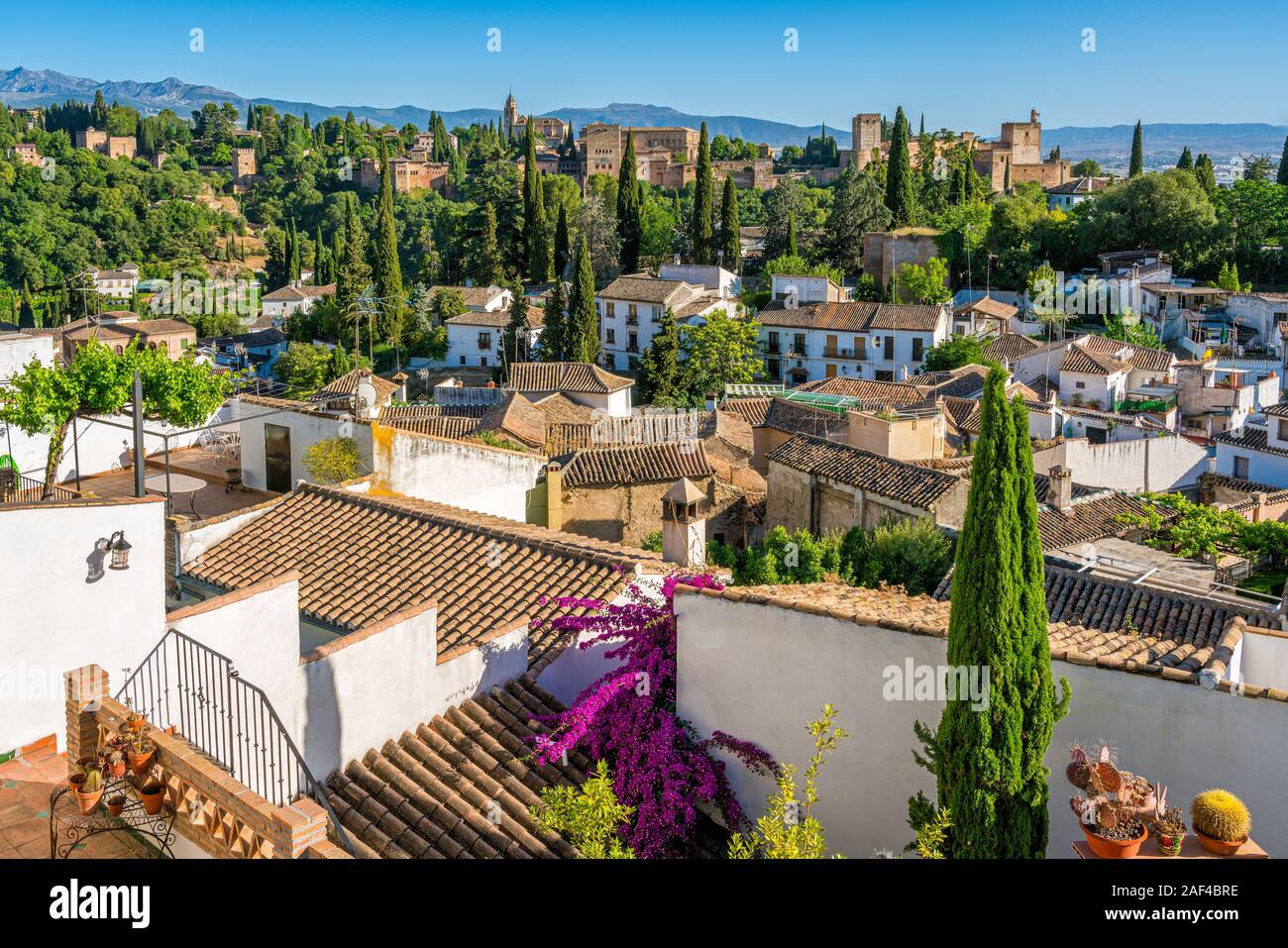 Panoramic sight of the Alhambra Palace and the Albaicin district in Granada. Andalusia, Spain. Stock Photo