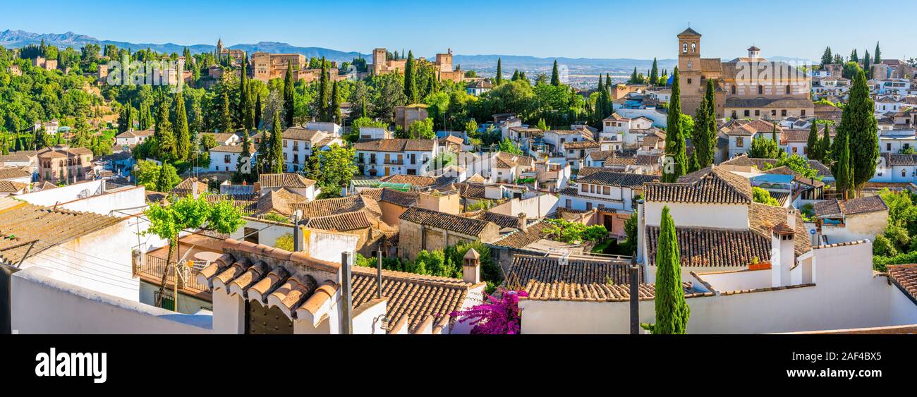 Panoramic sight of the Alhambra Palace and the Albaicin district in Granada. Andalusia, Spain. Stock Photo