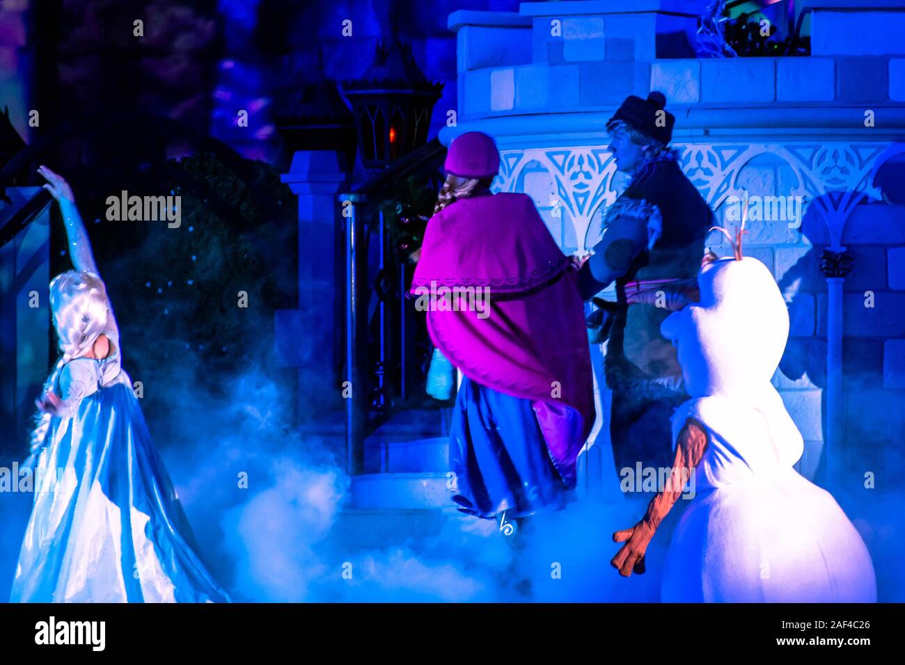 Orlando, Florida. December 05, 2019 . Olaf, Elsa ,Anna and Kristoff in A Frozen Holiday Wish at Magic Kingdom Park Stock Photo