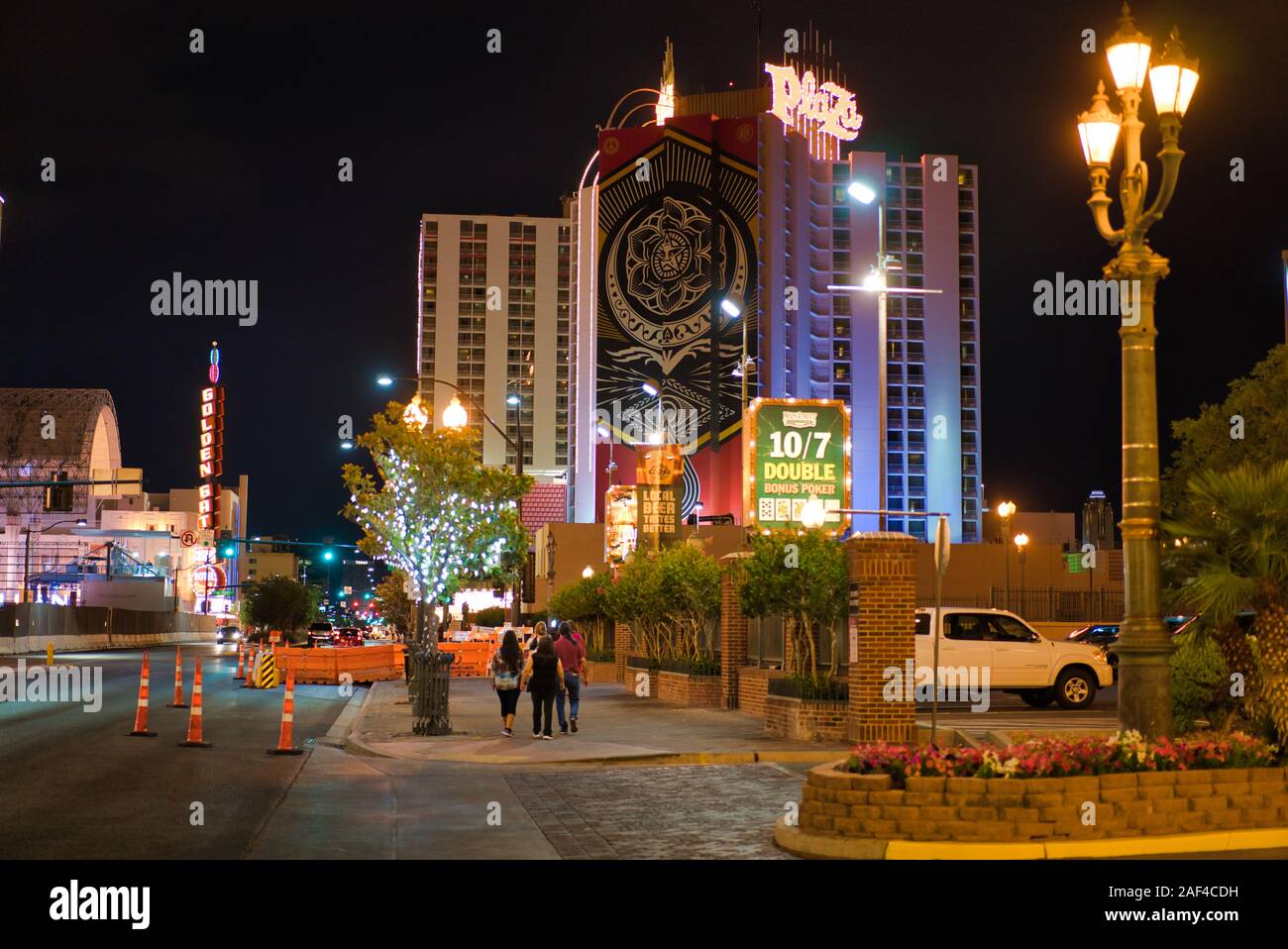 Las Vegas, USA - May 20, 2018: Hotel Plaza next to Fremont Street by night, the most famous street in Las Vegas Valley Stock Photo