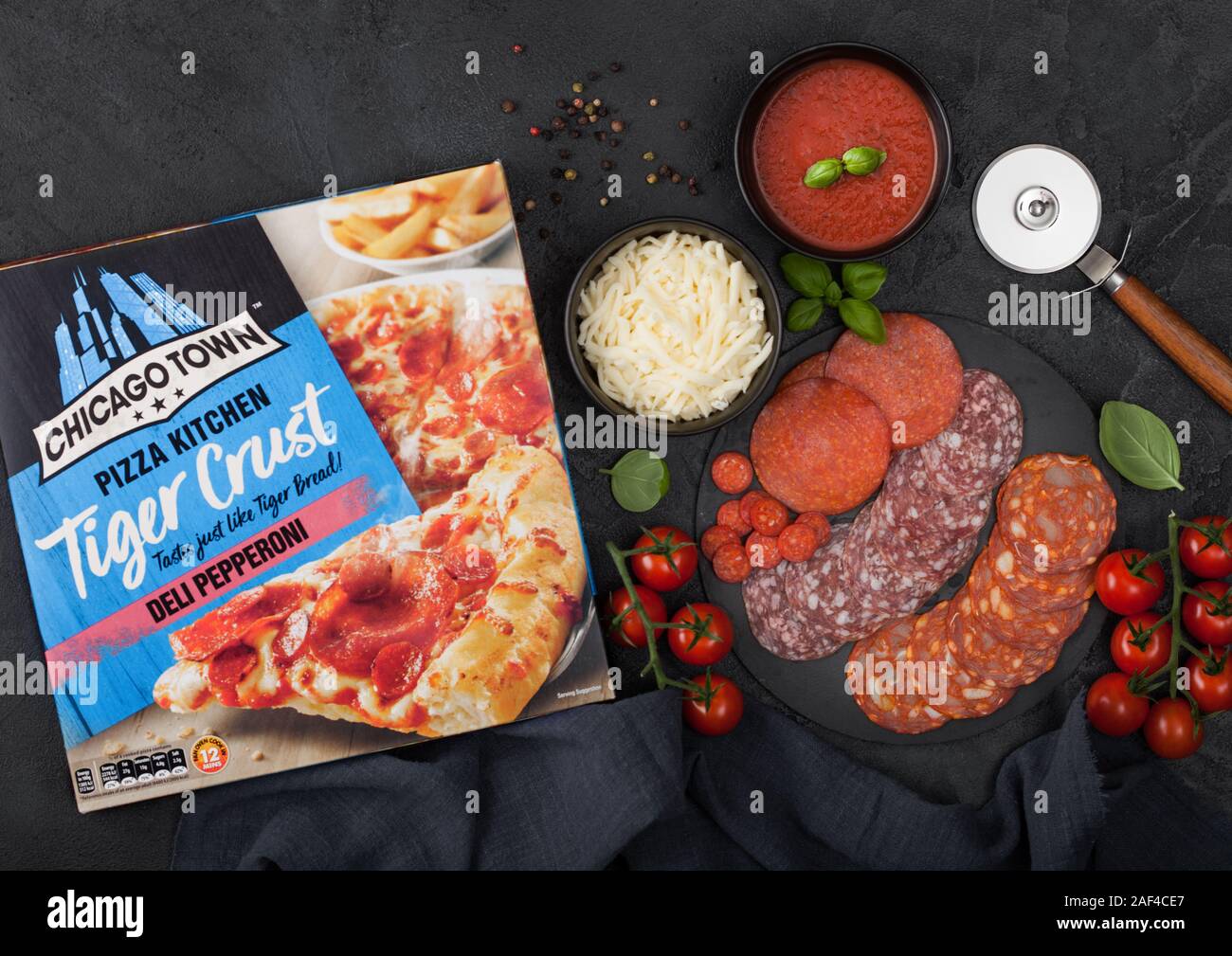 LONDON, UK NOVEMBER 20, 2019 Box of Chicago town Tiger Crust Deli