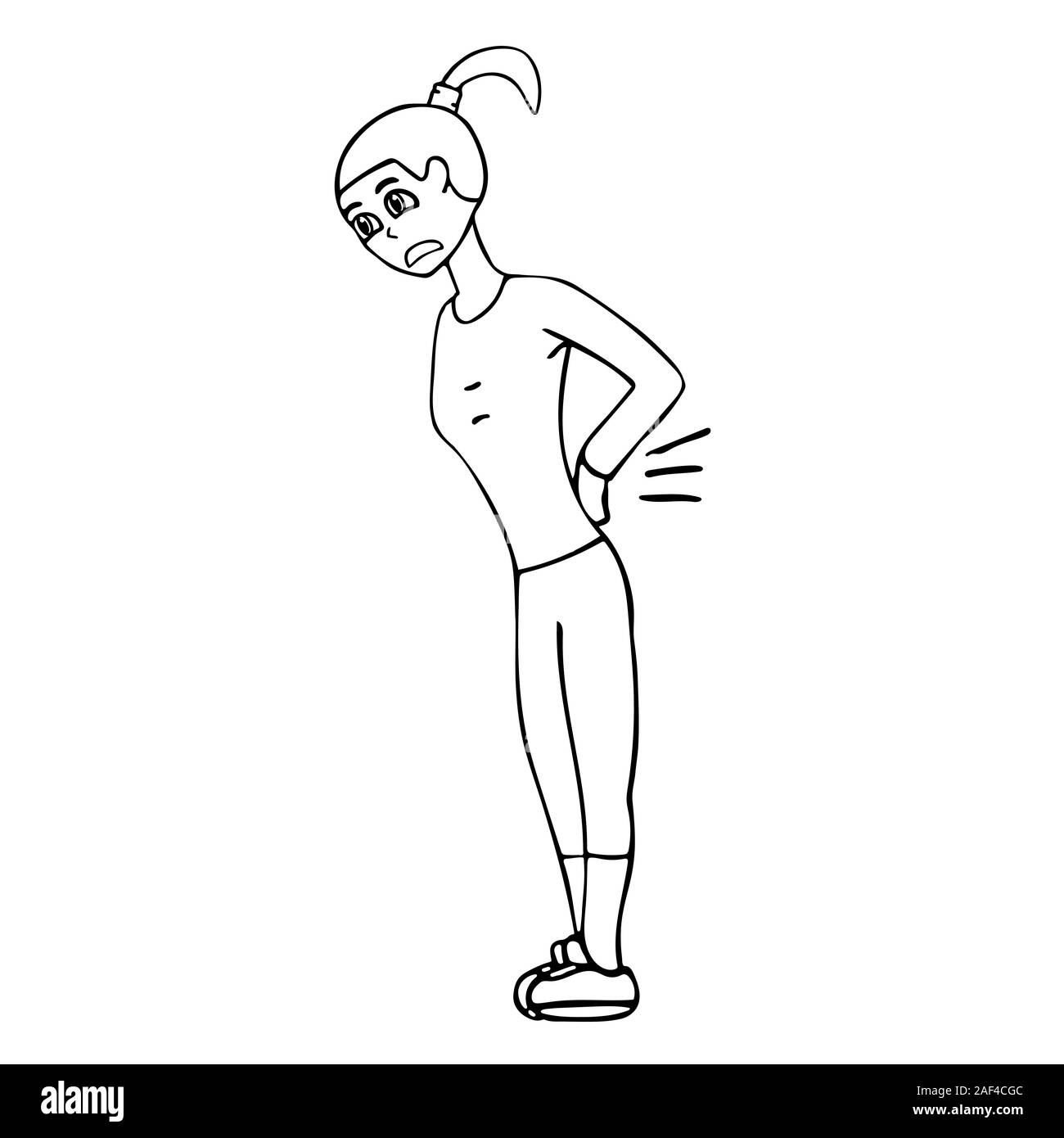 Cartoon young white woman with a sore back in a tracksuit. White background isolated outline stock vector illustration Stock Vector
