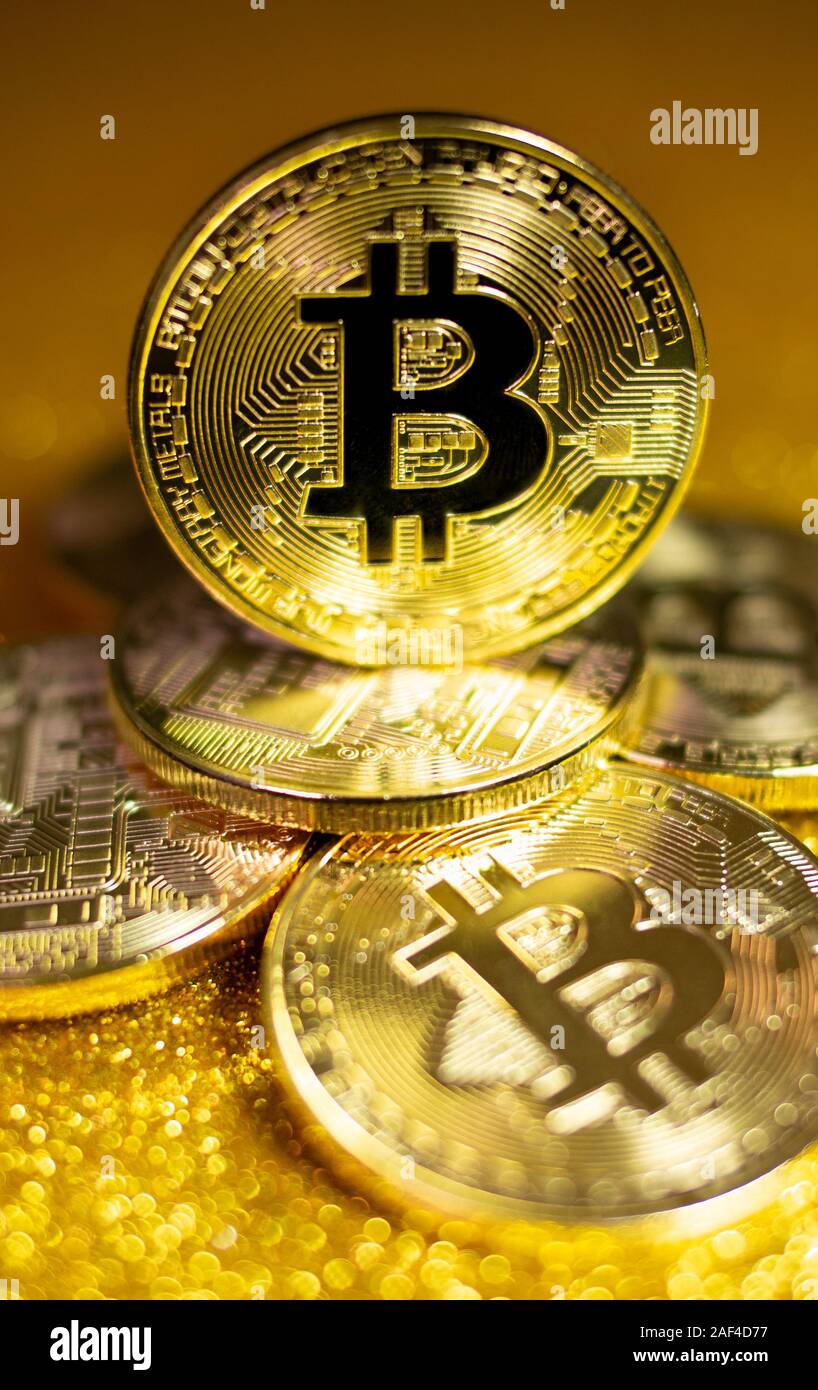 Bitcoin. Crypto currency Gold Bitcoin, BTC. Macro shot of Bitcoin coins.  Blockchain technology, bitcoin mining concept Stock Photo - Alamy
